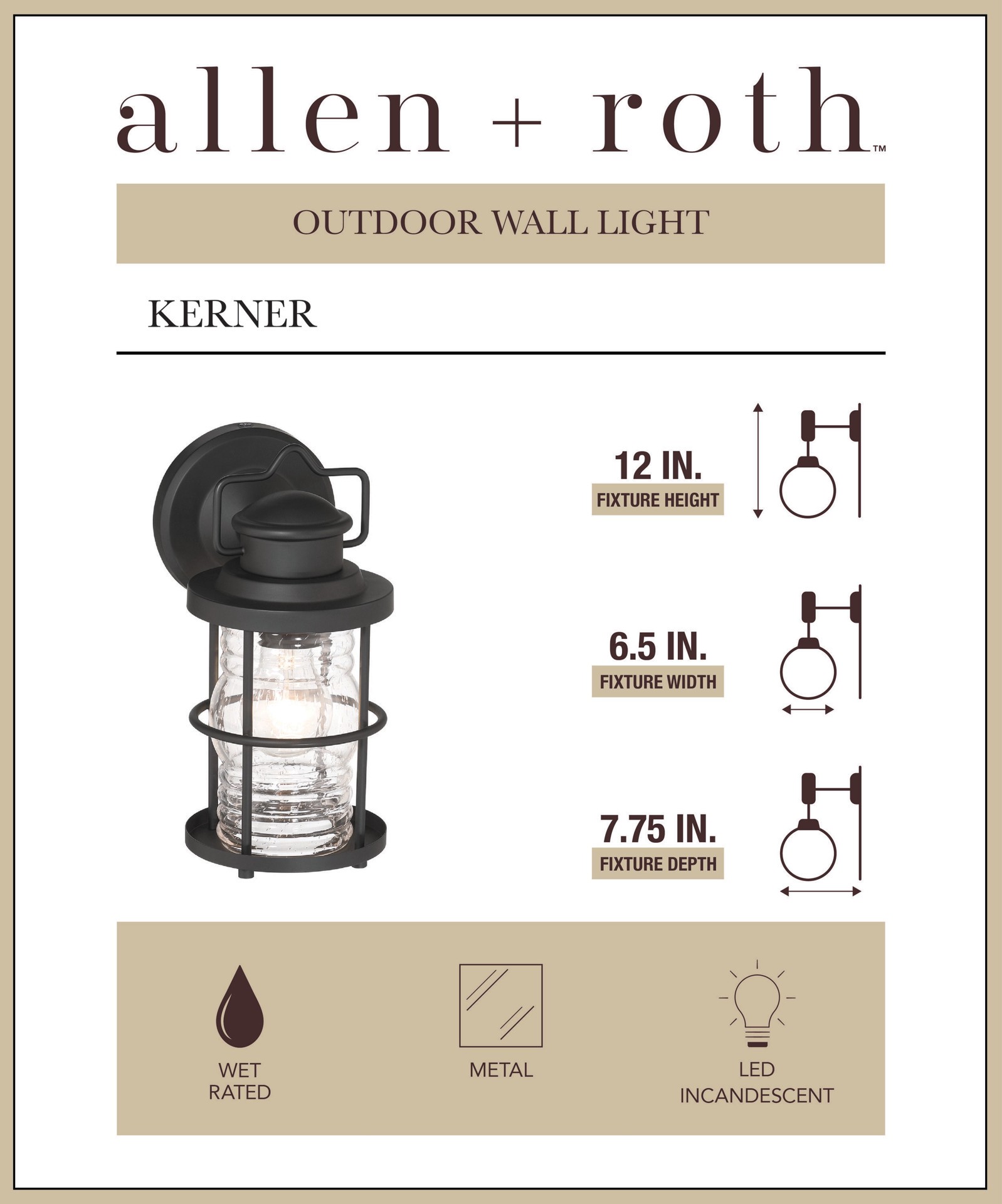 slide 2 of 6, allen + roth Kerner 1 -Light 12-in H Matte Black Hardwired Outdoor Wall Light, 1 ct