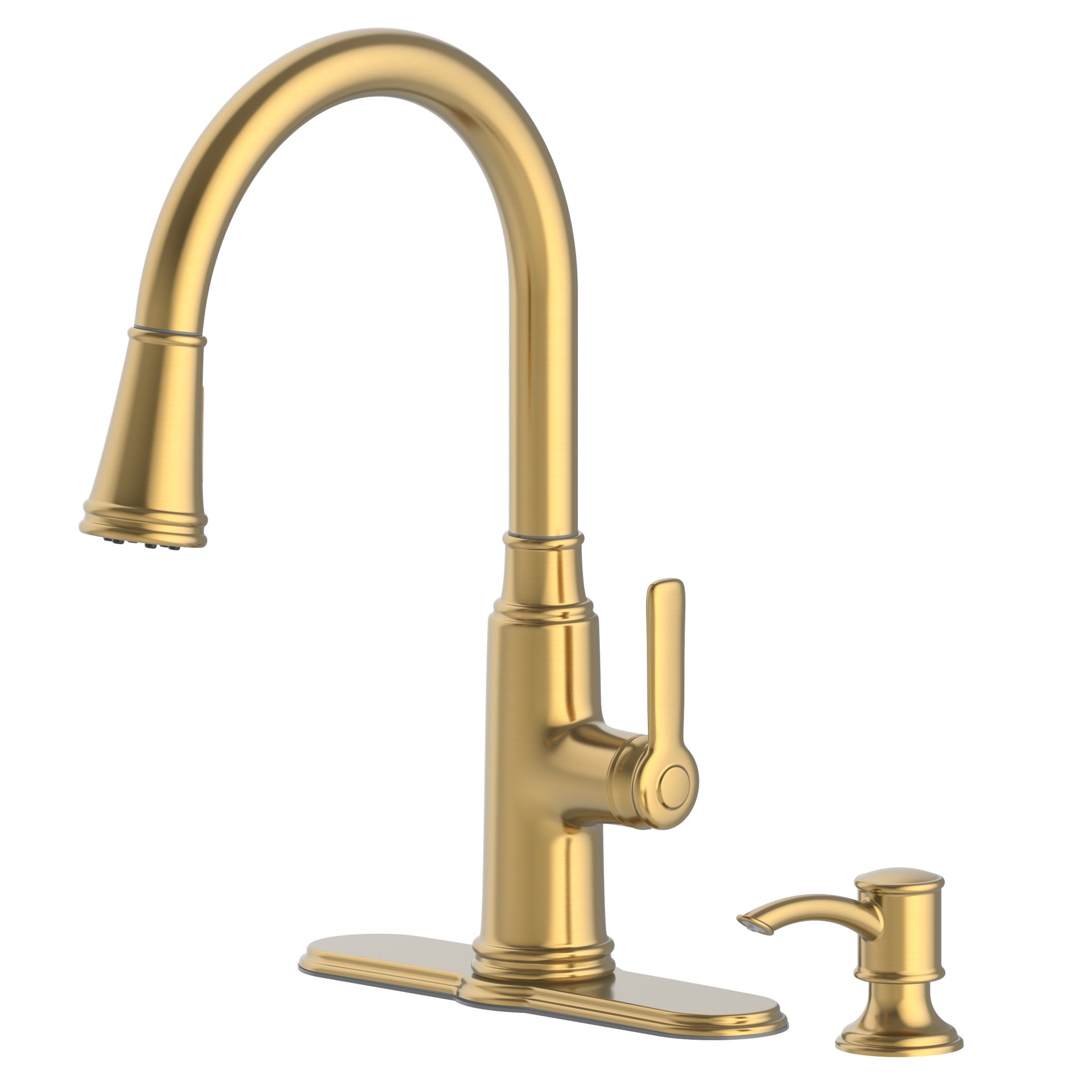 slide 2 of 6, allen + roth Evanston Brushed Gold Single Handle Deck-mount Pull-down Kitchen Faucet with Sprayer (Includes Deck Plate) (Includes Soap Dispenser), 1 ct