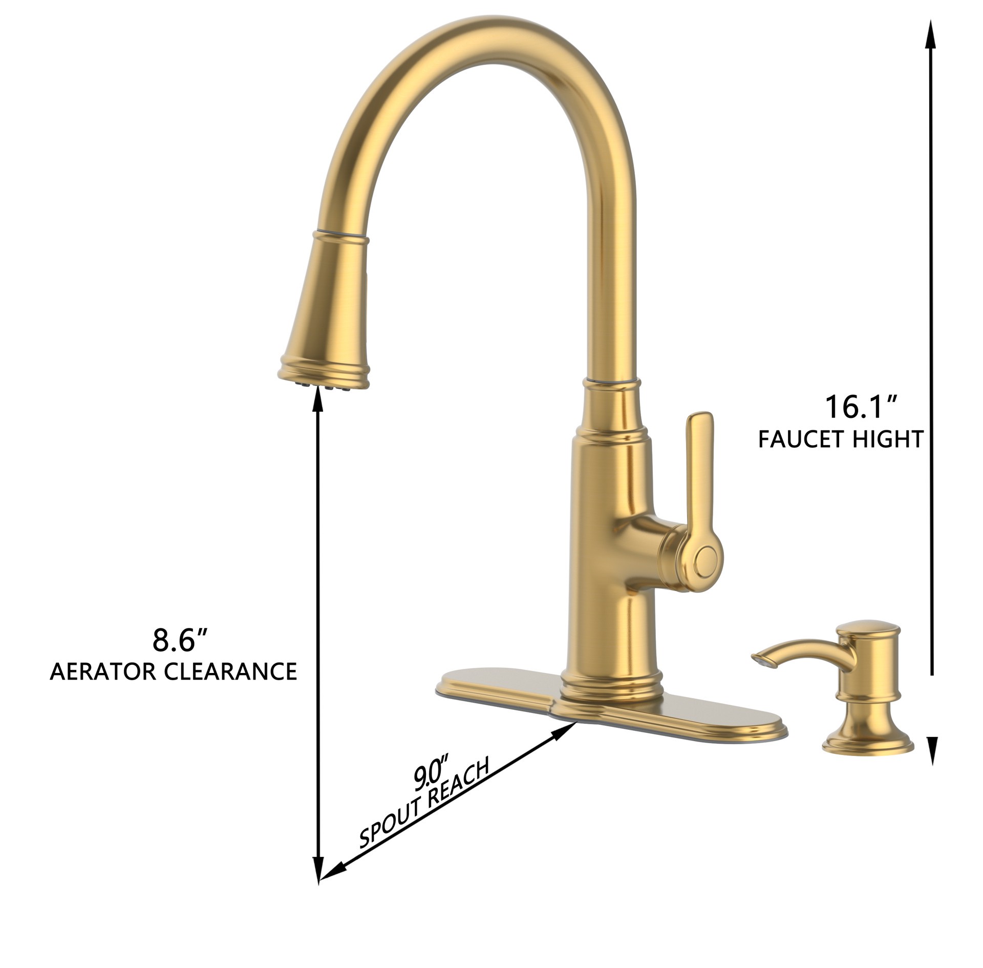 slide 3 of 6, allen + roth Evanston Brushed Gold Single Handle Deck-mount Pull-down Kitchen Faucet with Sprayer (Includes Deck Plate) (Includes Soap Dispenser), 1 ct