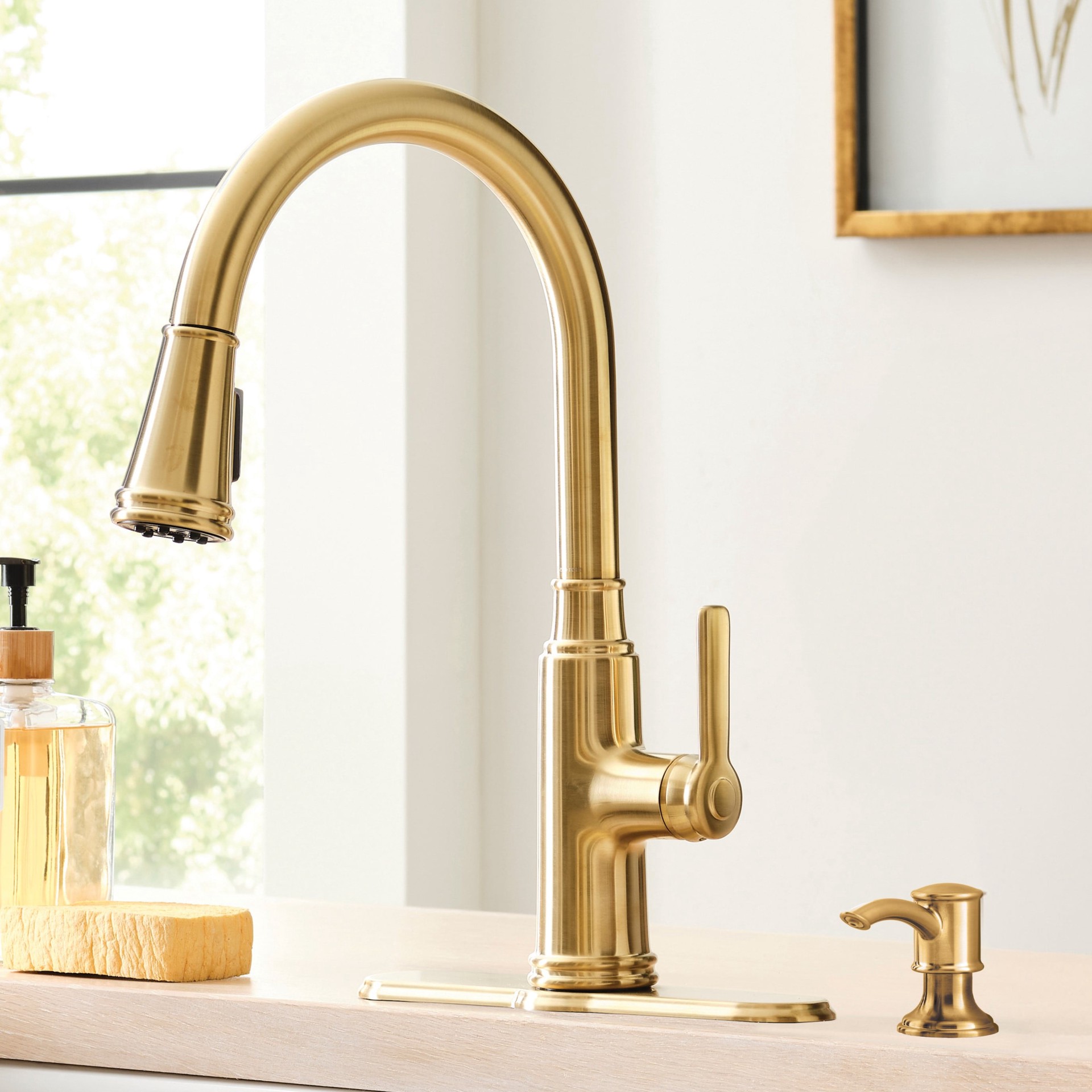 slide 1 of 6, allen + roth Evanston Brushed Gold Single Handle Deck-mount Pull-down Kitchen Faucet with Sprayer (Includes Deck Plate) (Includes Soap Dispenser), 1 ct
