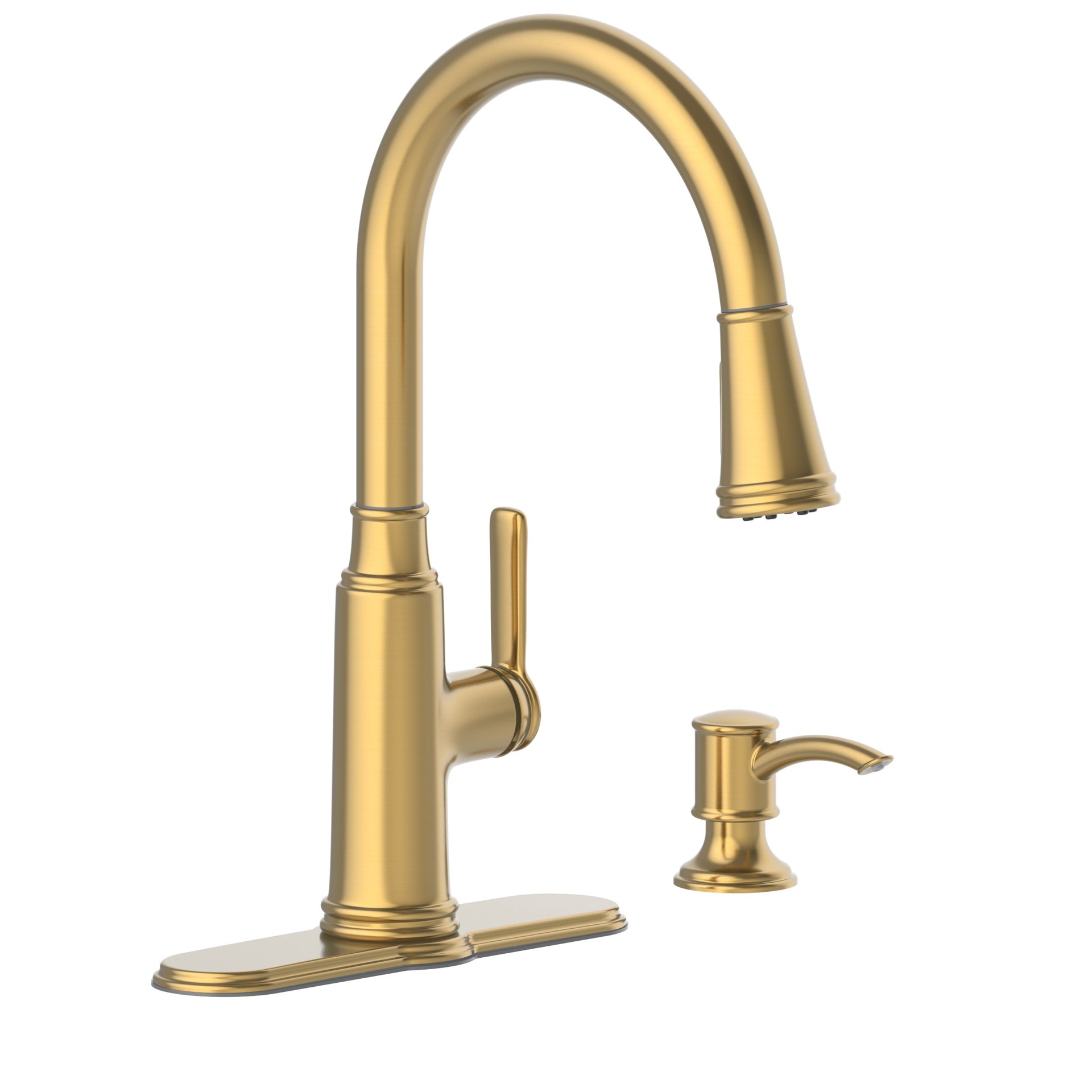 slide 4 of 6, allen + roth Evanston Brushed Gold Single Handle Deck-mount Pull-down Kitchen Faucet with Sprayer (Includes Deck Plate) (Includes Soap Dispenser), 1 ct