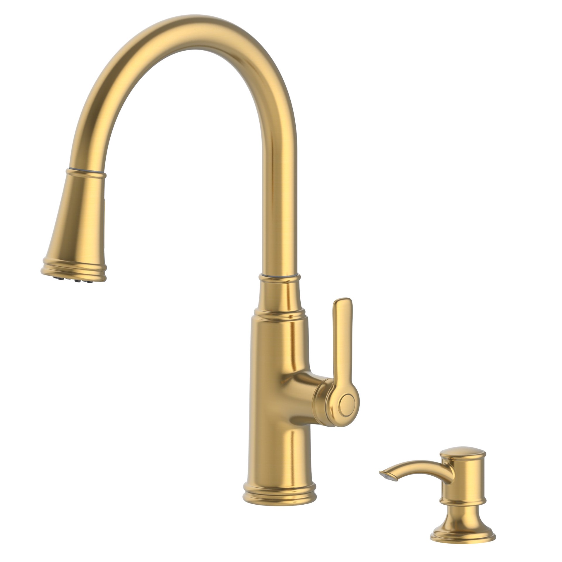 slide 5 of 6, allen + roth Evanston Brushed Gold Single Handle Deck-mount Pull-down Kitchen Faucet with Sprayer (Includes Deck Plate) (Includes Soap Dispenser), 1 ct