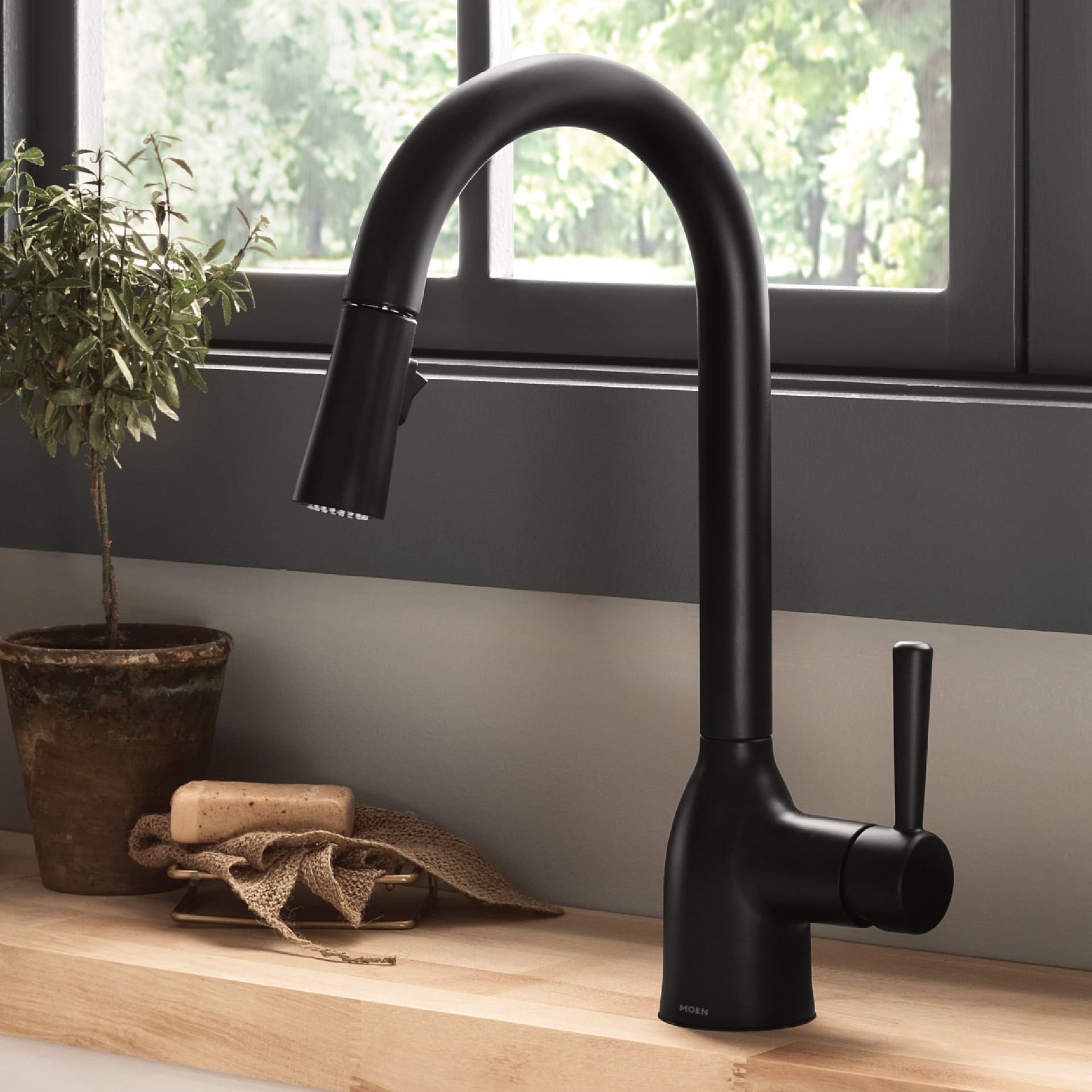 slide 1 of 6, Moen Adler Matte Black Single Handle Deck-mount Pull-down Kitchen Faucet with Sprayer ( Deck Plate Included ), 1 ct