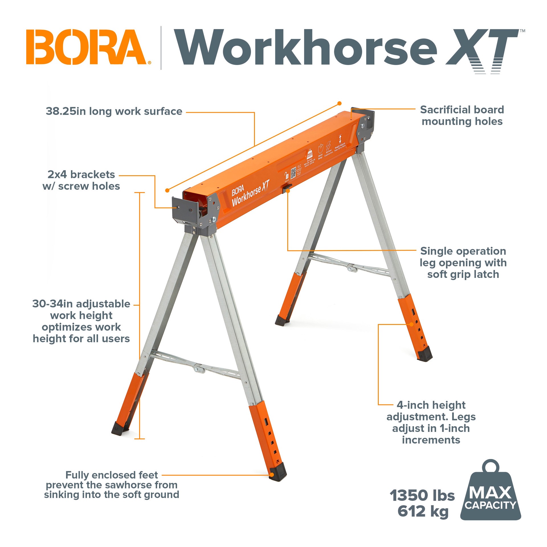 slide 2 of 6, BORA Workhorse XT 38-in W x 30-in H Adjustable Steel Saw Horse ( 1350-lb Capacity), 1 ct