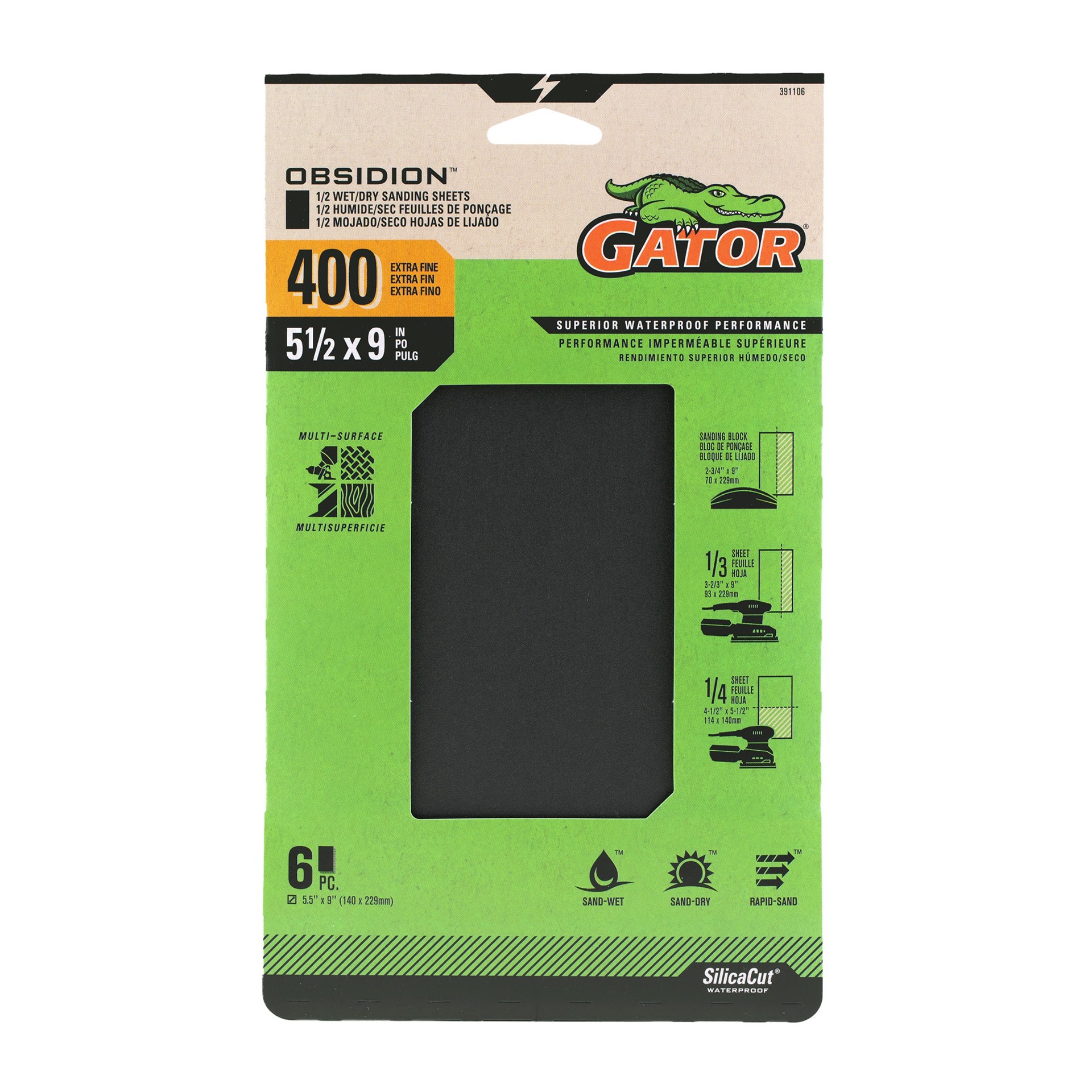 slide 1 of 6, Gator Obsidion 6 -Piece Silicon carbide 400 -Grit Sheet Sandpaper, 1 ct