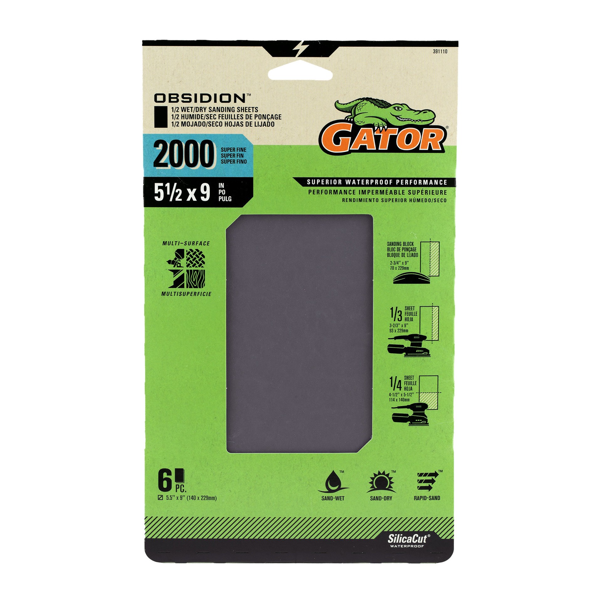 slide 1 of 6, Gator Obsidion 6 -Piece Silicon carbide 2000 -Grit Sheet Sandpaper, 1 ct