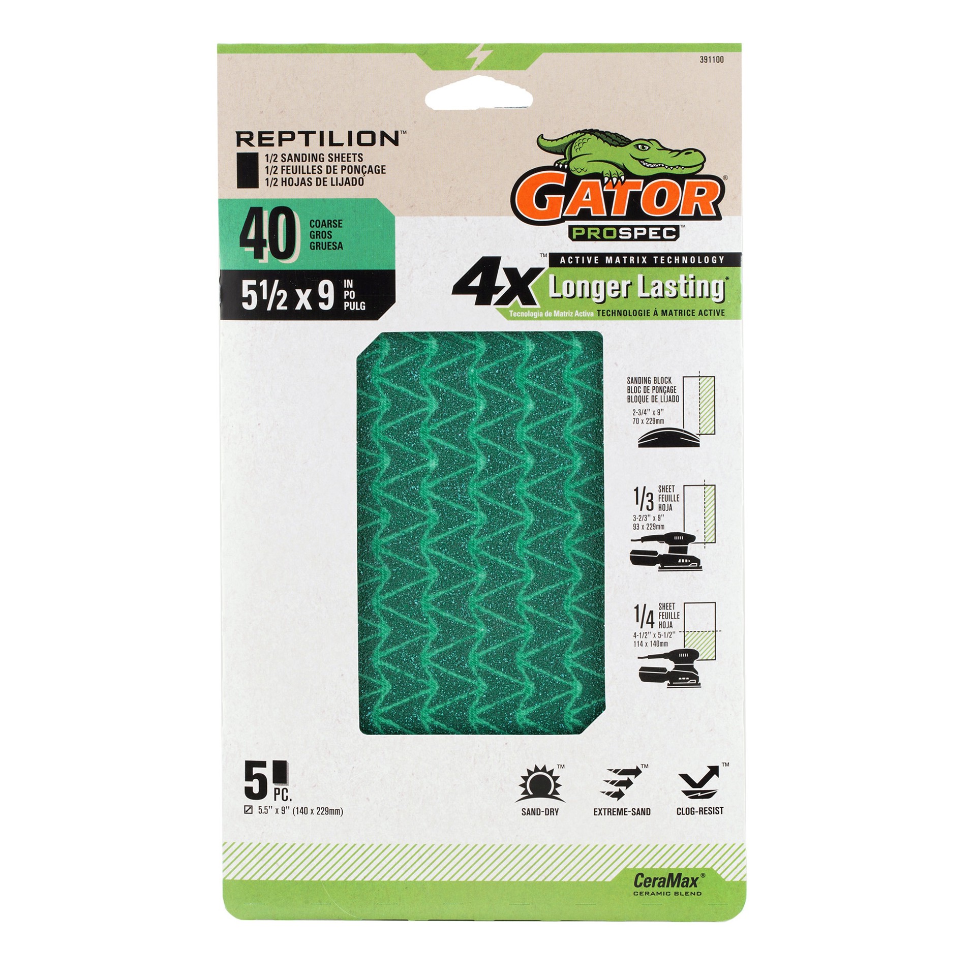 slide 1 of 5, Gator Reptilion 5 -Piece Ceramic alumina 60 -Grit Sheet Sandpaper, 1 ct