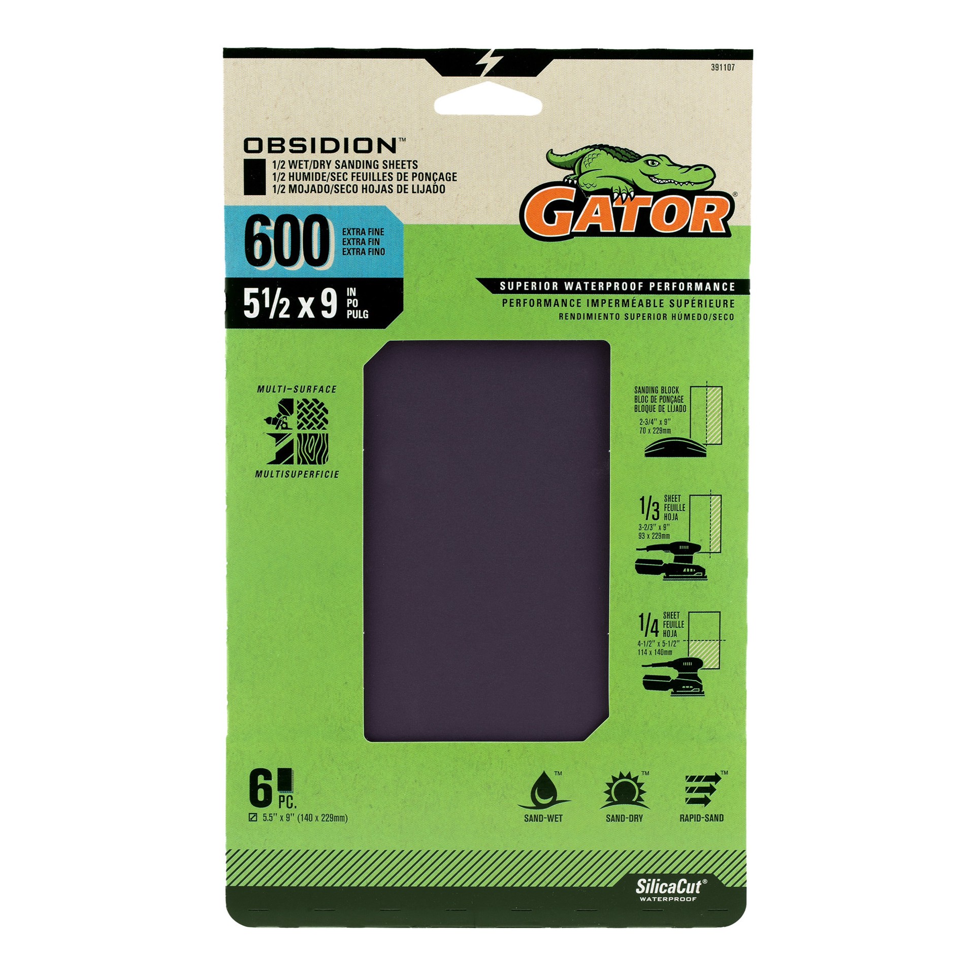 slide 1 of 6, Gator Obsidion 6 -Piece Silicon carbide 600 -Grit Sheet Sandpaper, 1 ct