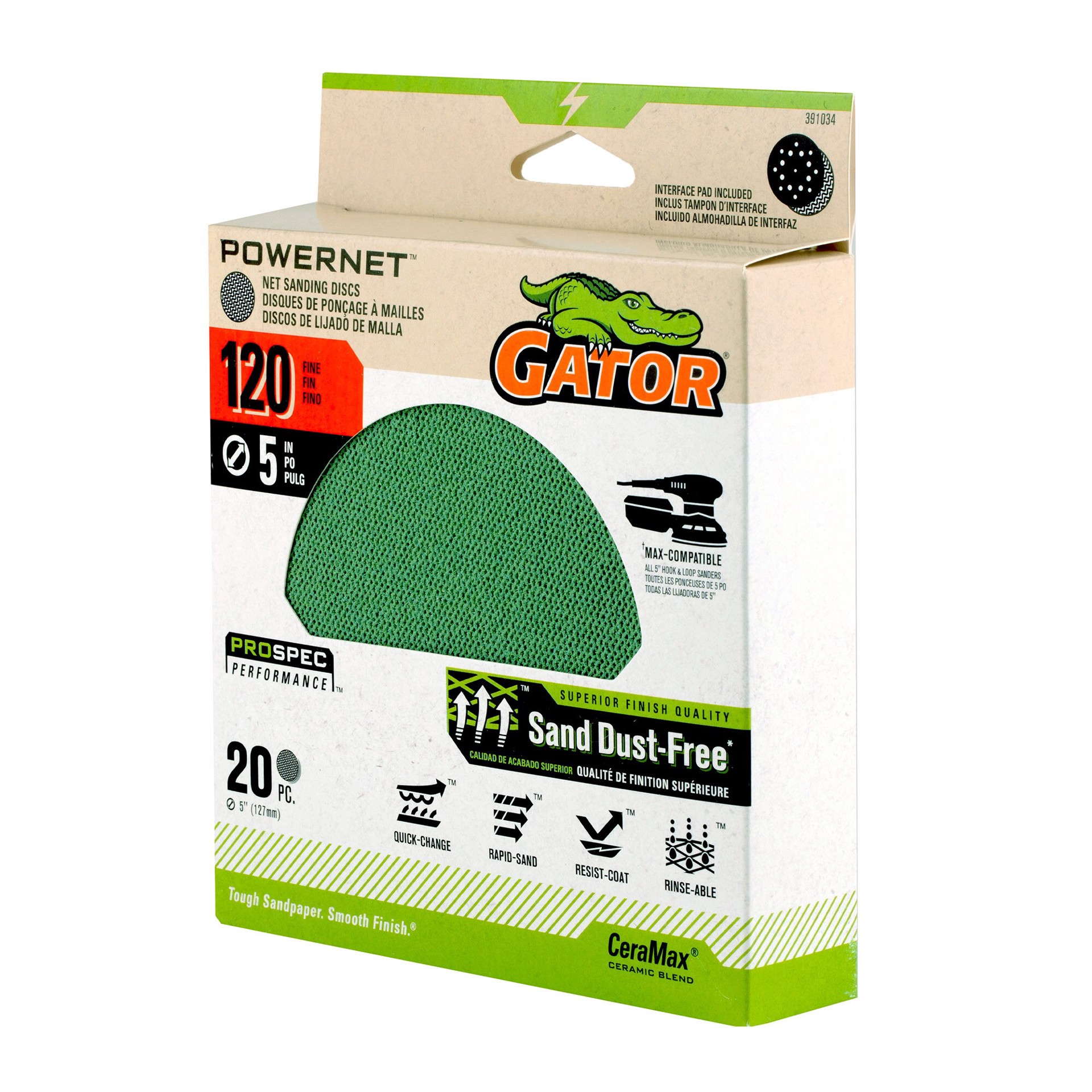 slide 5 of 6, Gator PowerNet 20 -Piece Ceramic alumina 120 -Grit Disc Sandpaper, 1 ct