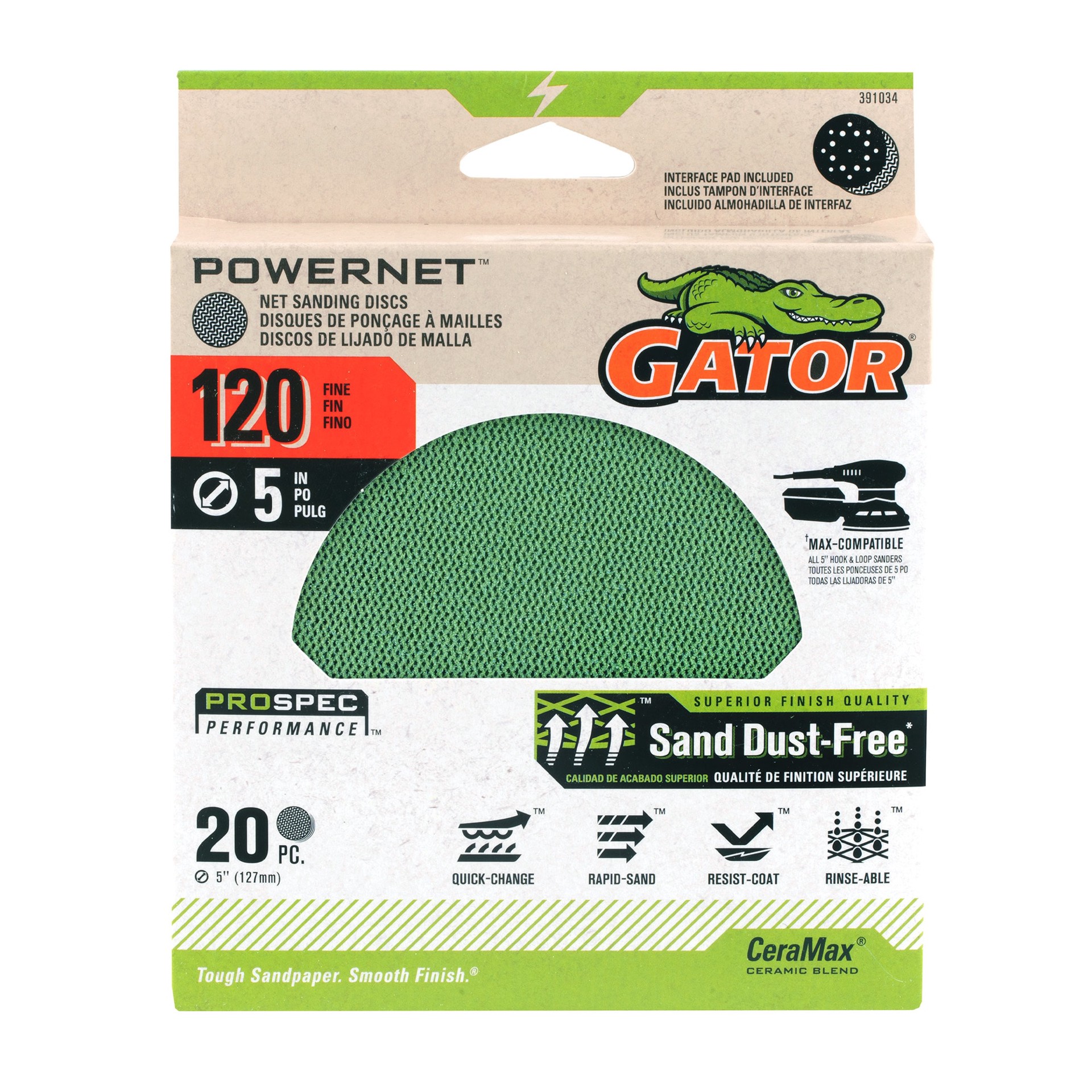 slide 1 of 6, Gator PowerNet 20 -Piece Ceramic alumina 120 -Grit Disc Sandpaper, 1 ct