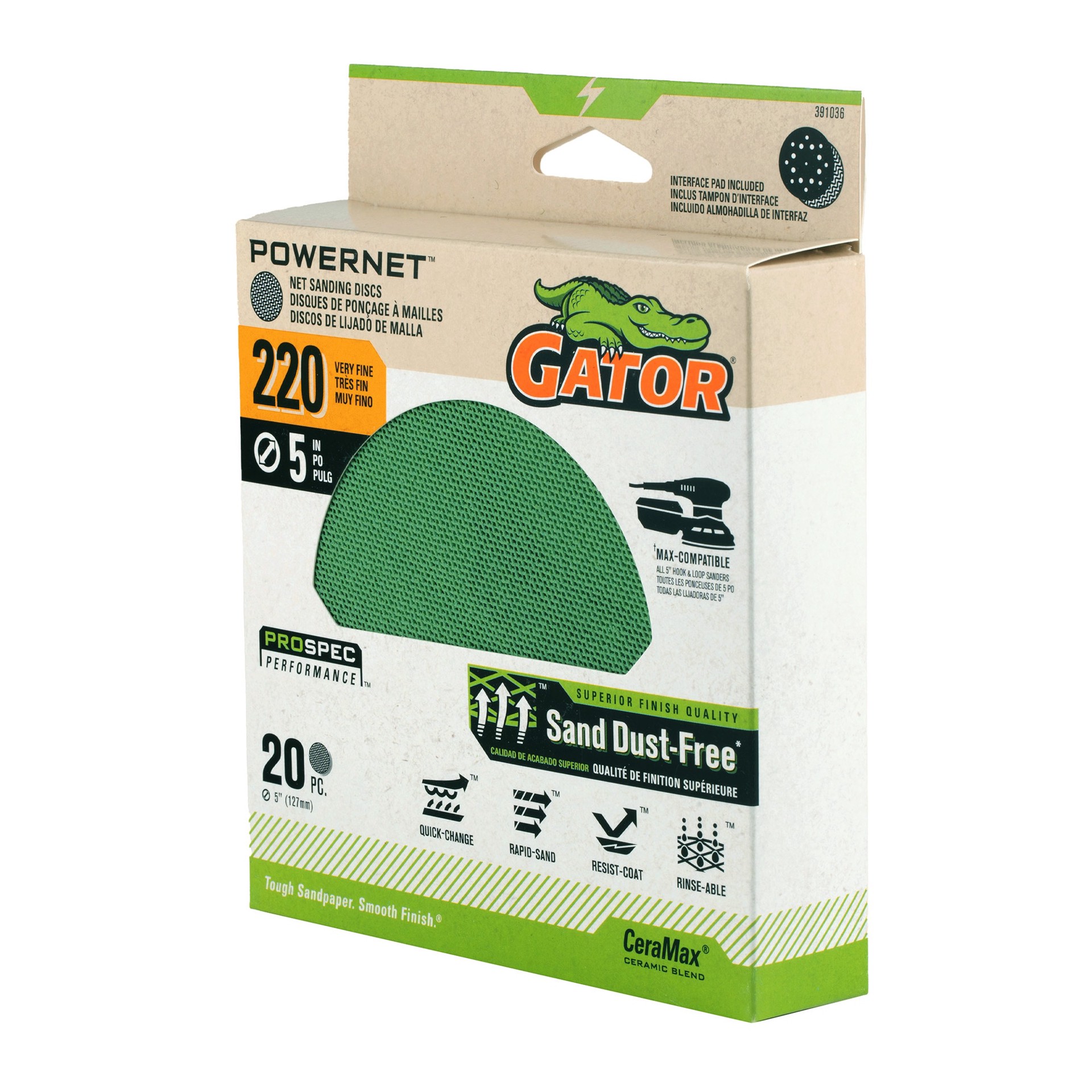 slide 5 of 6, Gator PowerNet 20 -Piece Ceramic alumina 220 -Grit Disc Sandpaper, 1 ct