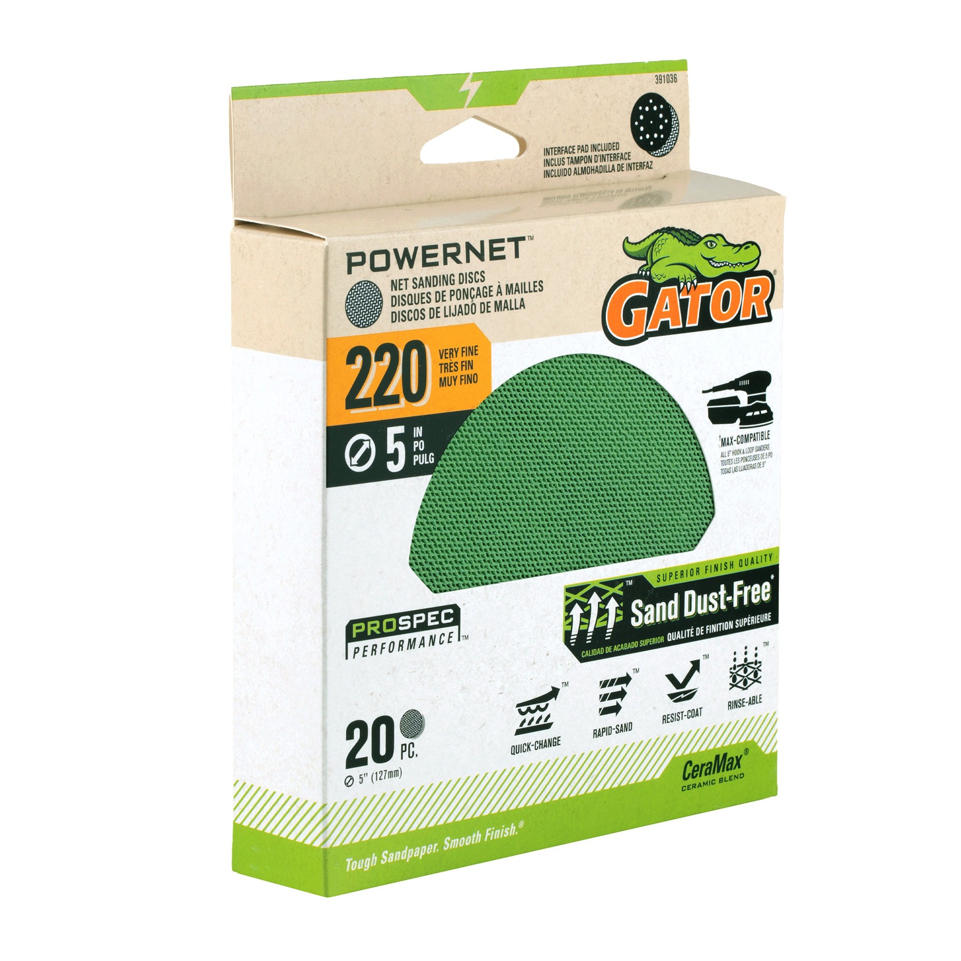 slide 6 of 6, Gator PowerNet 20 -Piece Ceramic alumina 220 -Grit Disc Sandpaper, 1 ct