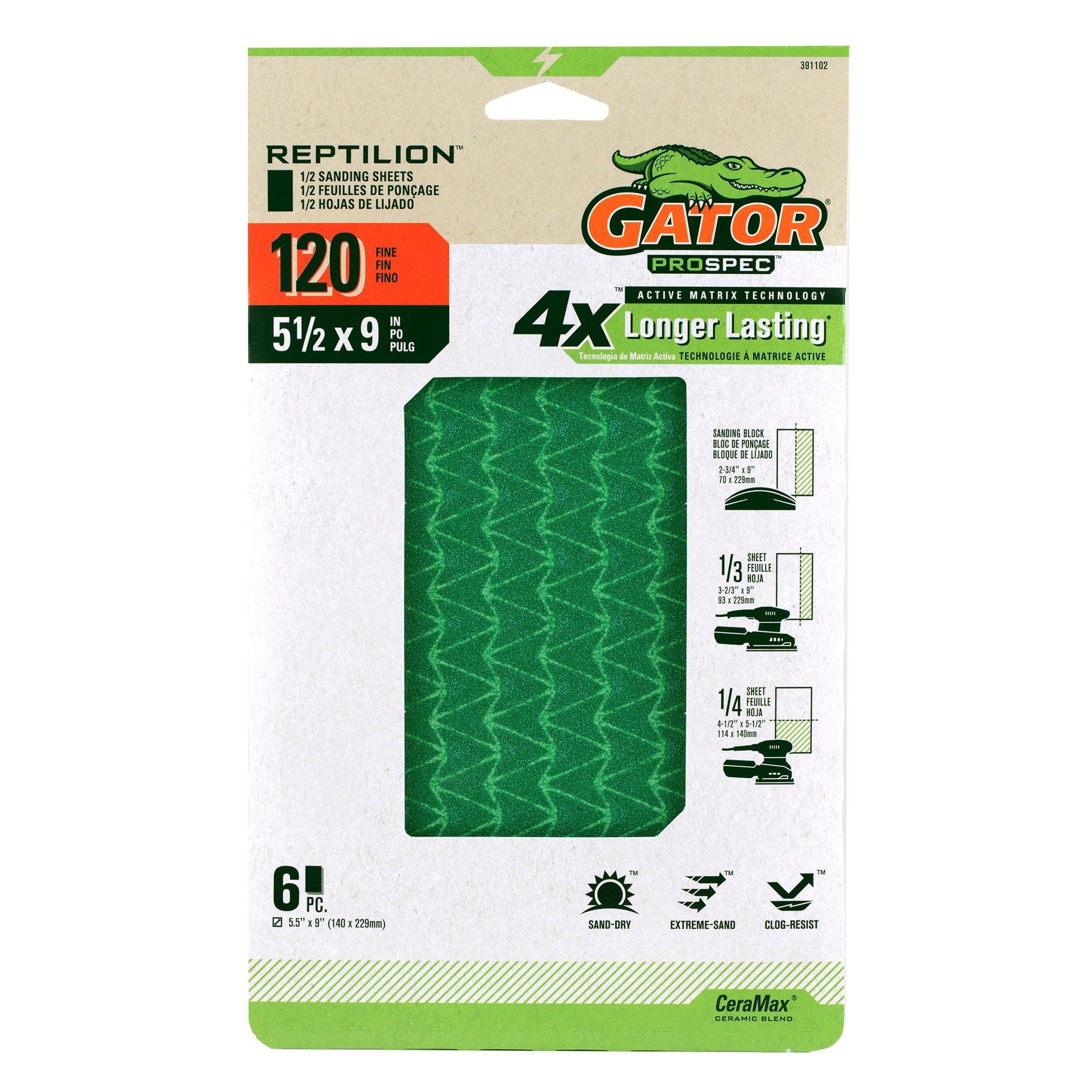 slide 1 of 5, Gator Reptilion 6 -Piece Ceramic alumina 120 -Grit Sheet Sandpaper, 1 ct