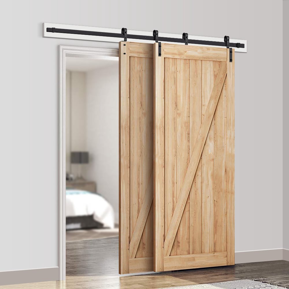 slide 2 of 6, RELIABILT 78-in Matte Black Indoor J-strap Double bypass Barn door hardware kit, 1 ct