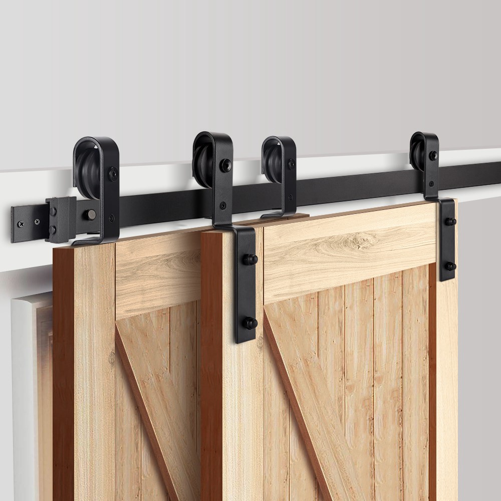 slide 4 of 6, RELIABILT 78-in Matte Black Indoor J-strap Double bypass Barn door hardware kit, 1 ct