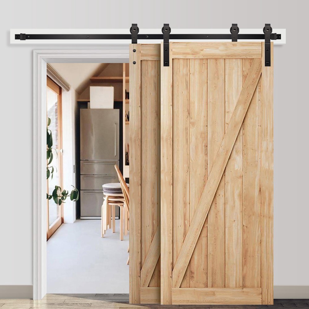 slide 5 of 6, RELIABILT 78-in Matte Black Indoor J-strap Double bypass Barn door hardware kit, 1 ct