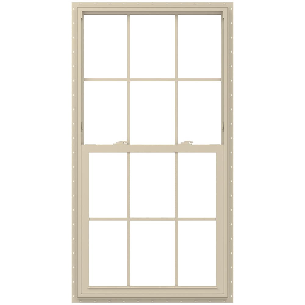 slide 2 of 6, JELD-WEN V-2500 31-1/2-in x 59-1/2-in Almond Exterior Vinyl New Construction Single Hung Window Low-E argon Double Pane Glass with Grids, (Half Screen Included), 1 ct