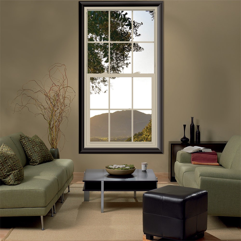 slide 4 of 6, JELD-WEN V-2500 31-1/2-in x 59-1/2-in Almond Exterior Vinyl New Construction Single Hung Window Low-E argon Double Pane Glass with Grids, (Half Screen Included), 1 ct