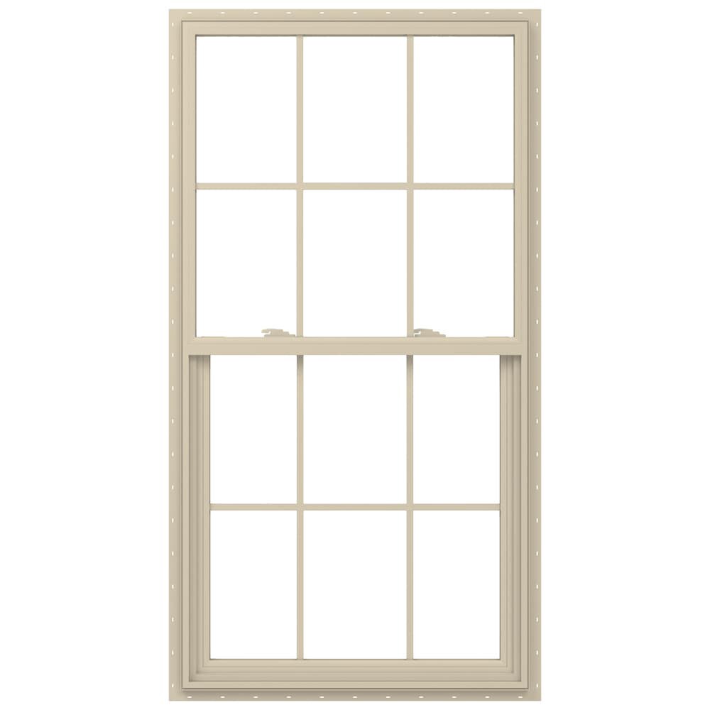 slide 1 of 6, JELD-WEN V-2500 31-1/2-in x 59-1/2-in Almond Exterior Vinyl New Construction Single Hung Window Low-E argon Double Pane Glass with Grids, (Half Screen Included), 1 ct