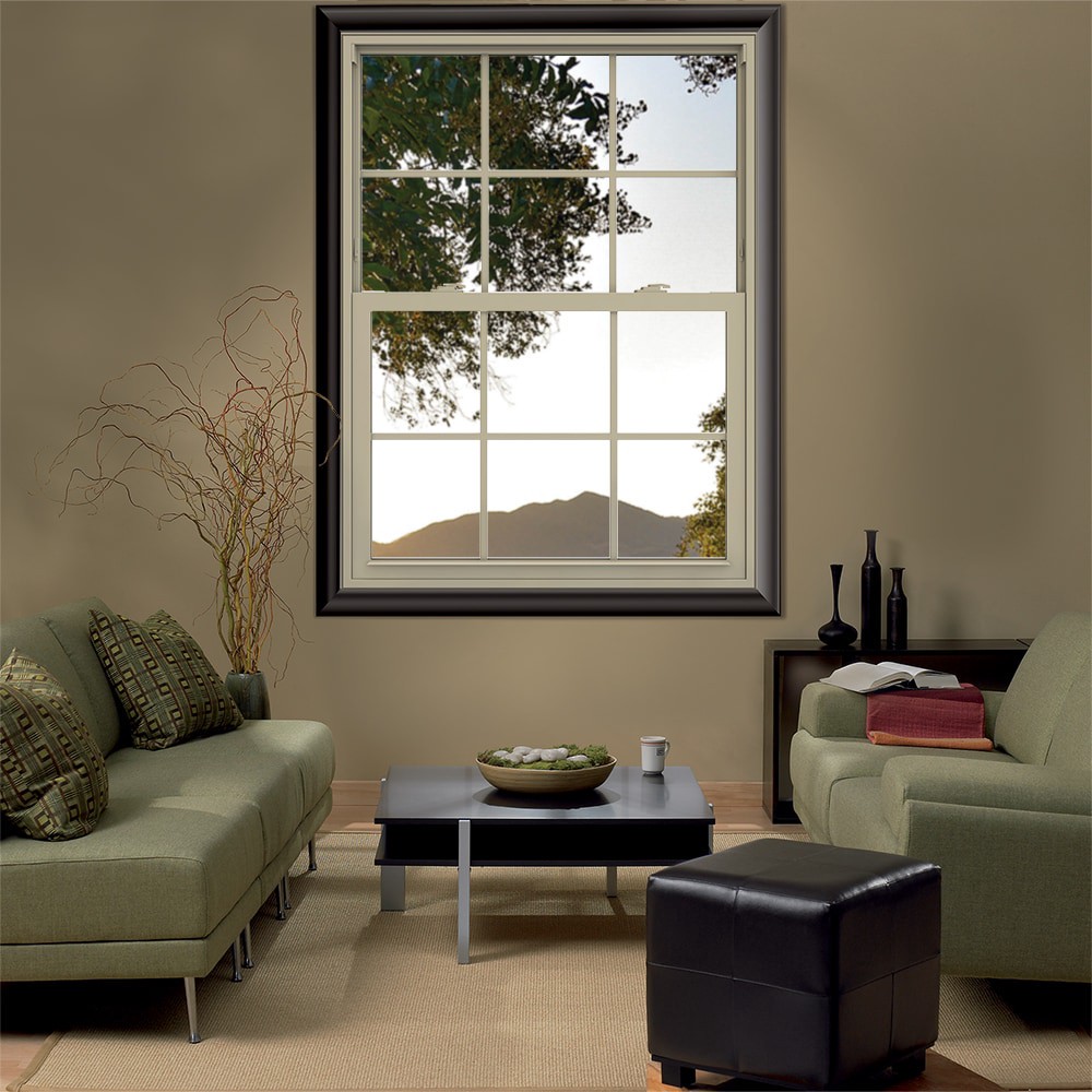 slide 4 of 6, JELD-WEN V-2500 35-1/2-in x 51-1/2-in Almond Exterior Vinyl New Construction Single Hung Window Low-E argon Double Pane Glass with Grids, (Half Screen Included), 1 ct