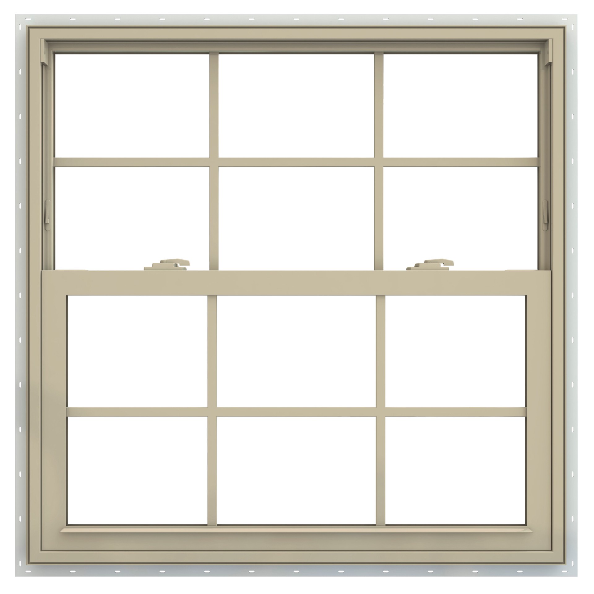 slide 2 of 6, JELD-WEN V-2500 35-1/2-in x 35-1/2-in Almond Exterior Vinyl New Construction Single Hung Window Low-E argon Double Pane Glass with Grids, (Half Screen Included), 1 ct