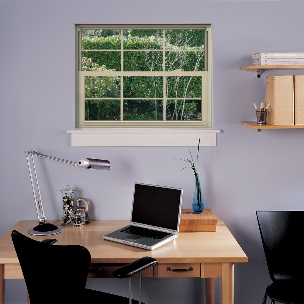 slide 4 of 6, JELD-WEN V-2500 35-1/2-in x 35-1/2-in Almond Exterior Vinyl New Construction Single Hung Window Low-E argon Double Pane Glass with Grids, (Half Screen Included), 1 ct