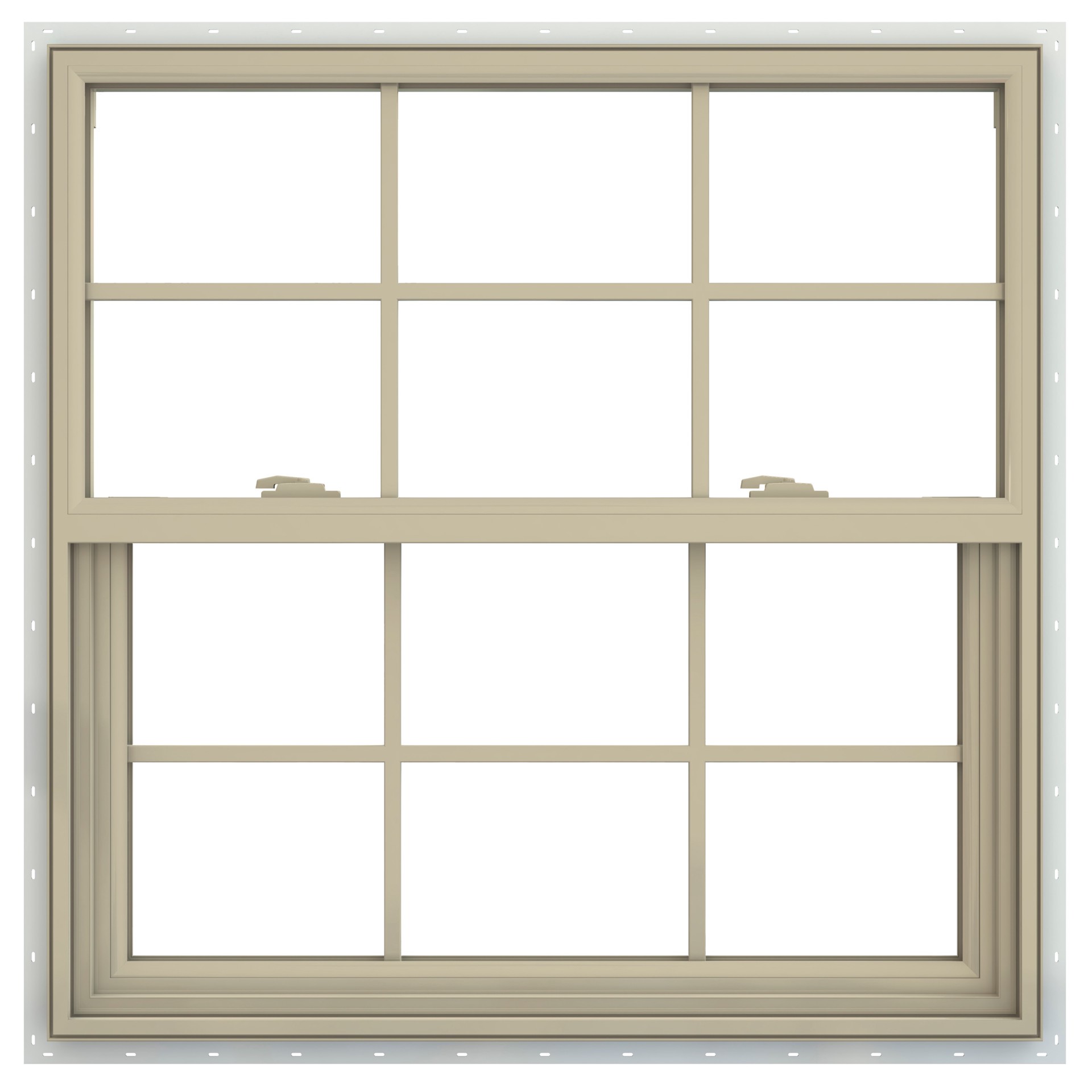 slide 1 of 6, JELD-WEN V-2500 35-1/2-in x 35-1/2-in Almond Exterior Vinyl New Construction Single Hung Window Low-E argon Double Pane Glass with Grids, (Half Screen Included), 1 ct