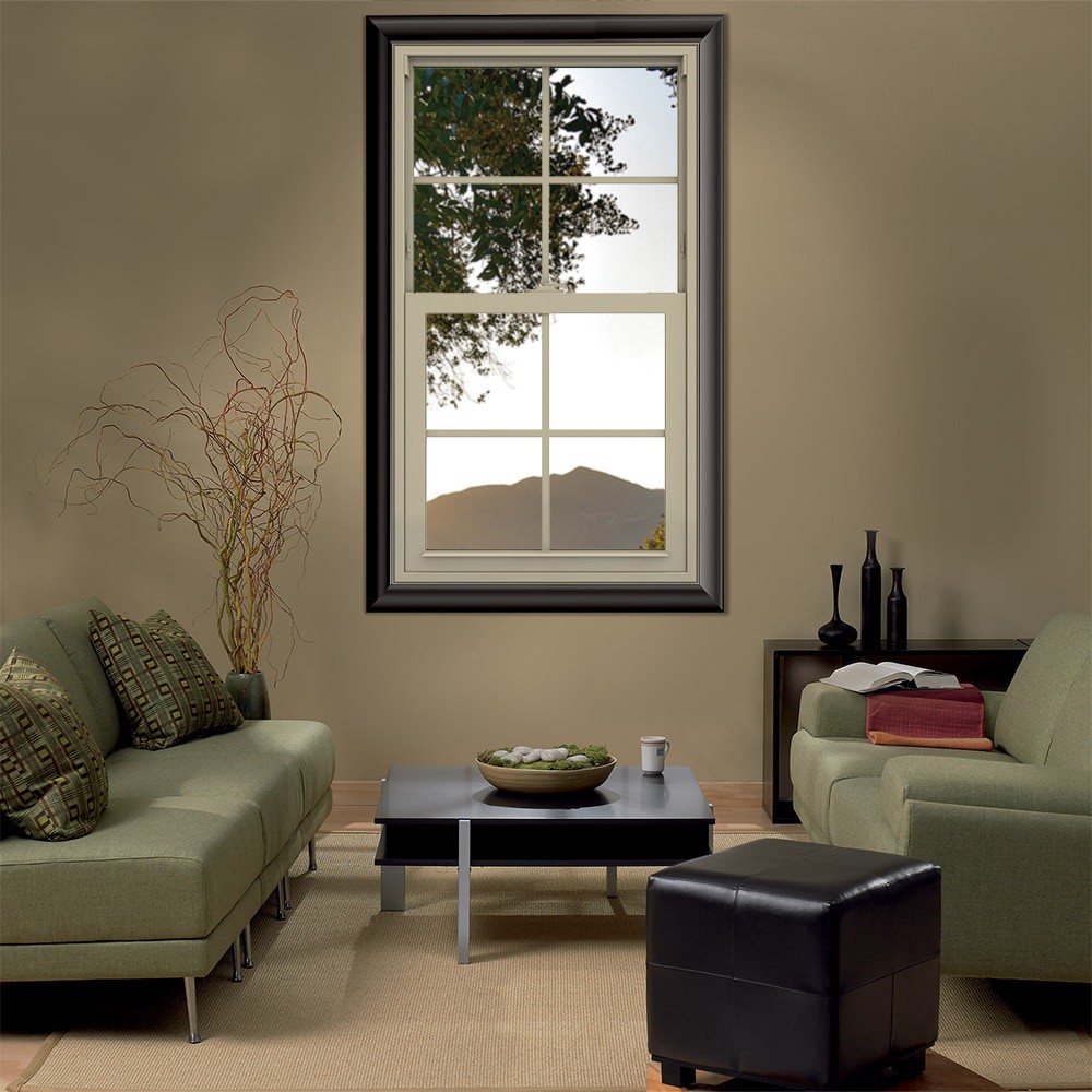 slide 4 of 6, JELD-WEN V-2500 23-1/2-in x 35-1/2-in Almond Exterior Vinyl New Construction Single Hung Window Low-E argon Double Pane Glass with Grids, (Half Screen Included), 1 ct