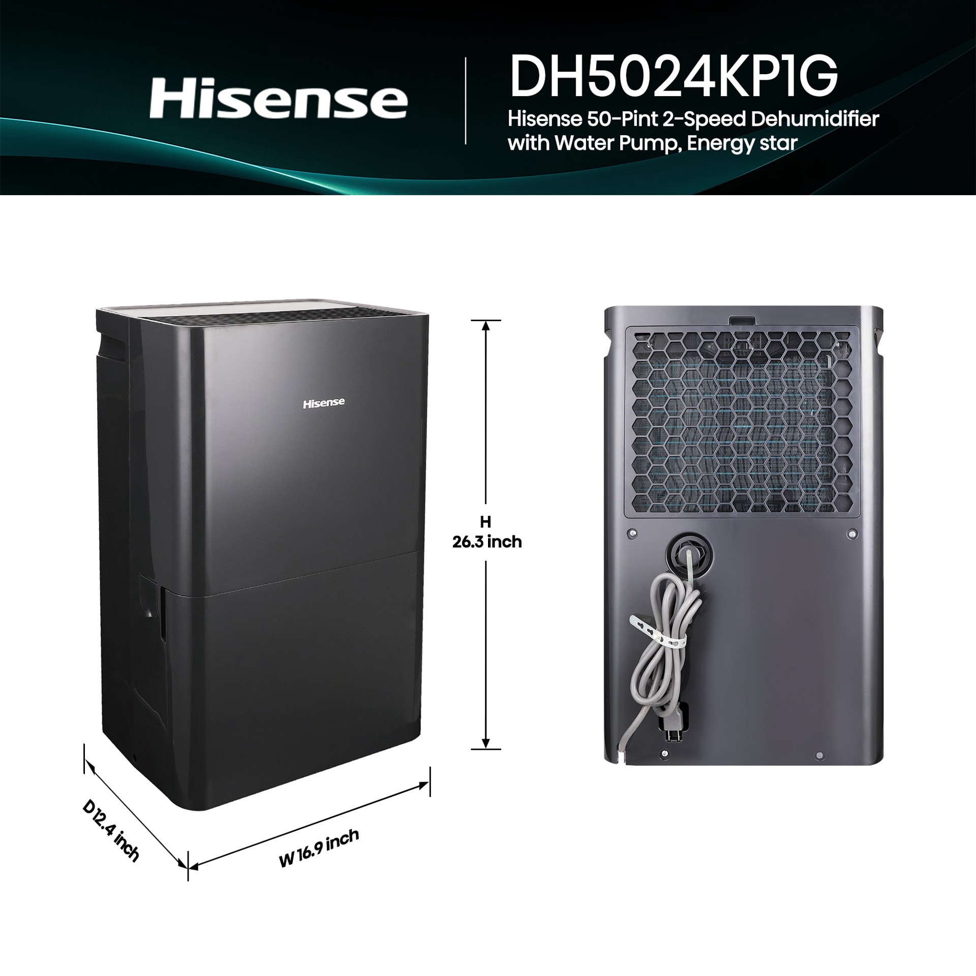 slide 5 of 6, Hisense 50 -Pint Large Room Dehumidifier For Basements , Bathrooms , Crawlspaces with Built-In Pump , ENERGY STAR Certified Gray, 1 ct
