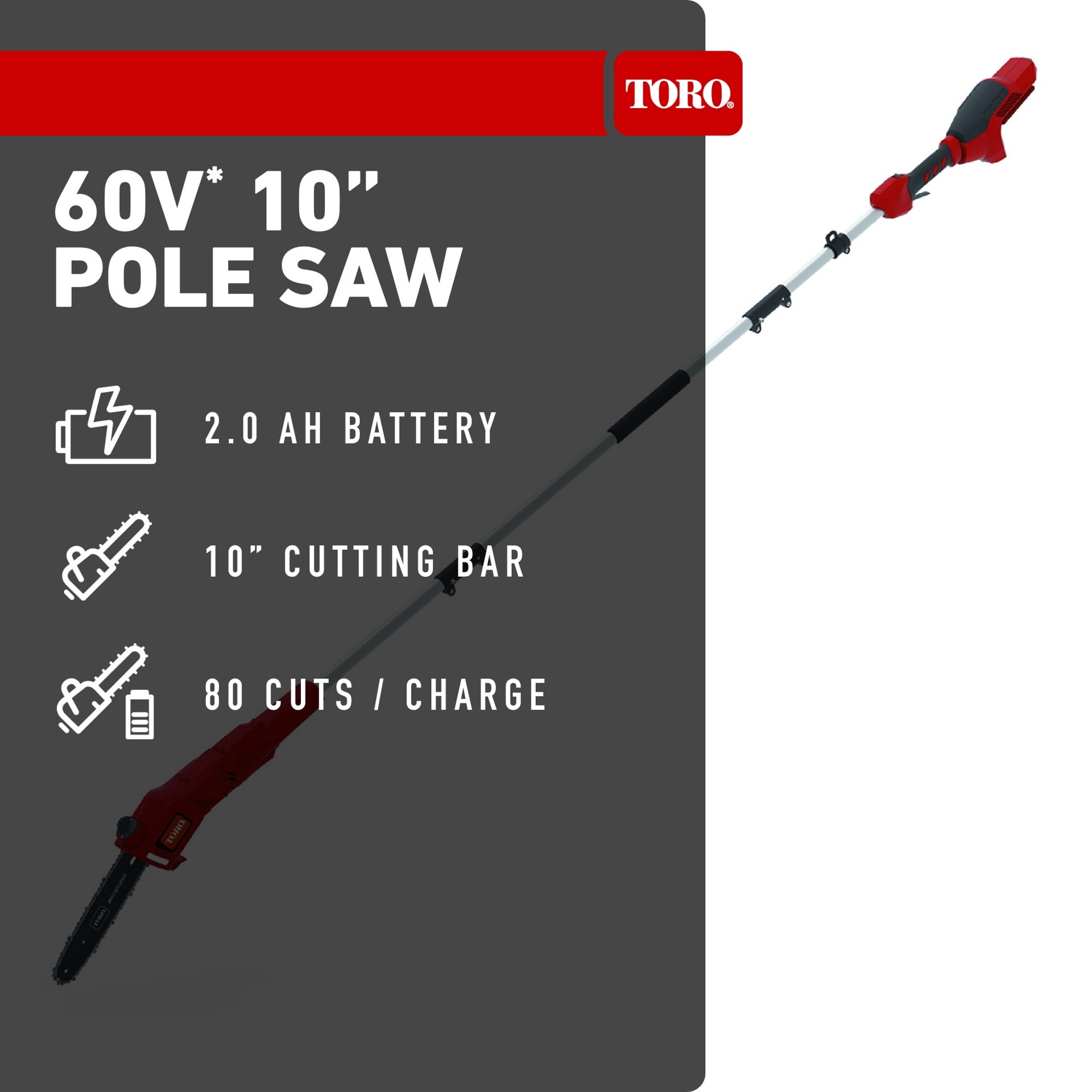 slide 2 of 6, Toro Flex-Force 60-volt max 10-in 2 Ah Battery Pole Saw Battery Included , Charger Included, 1 ct
