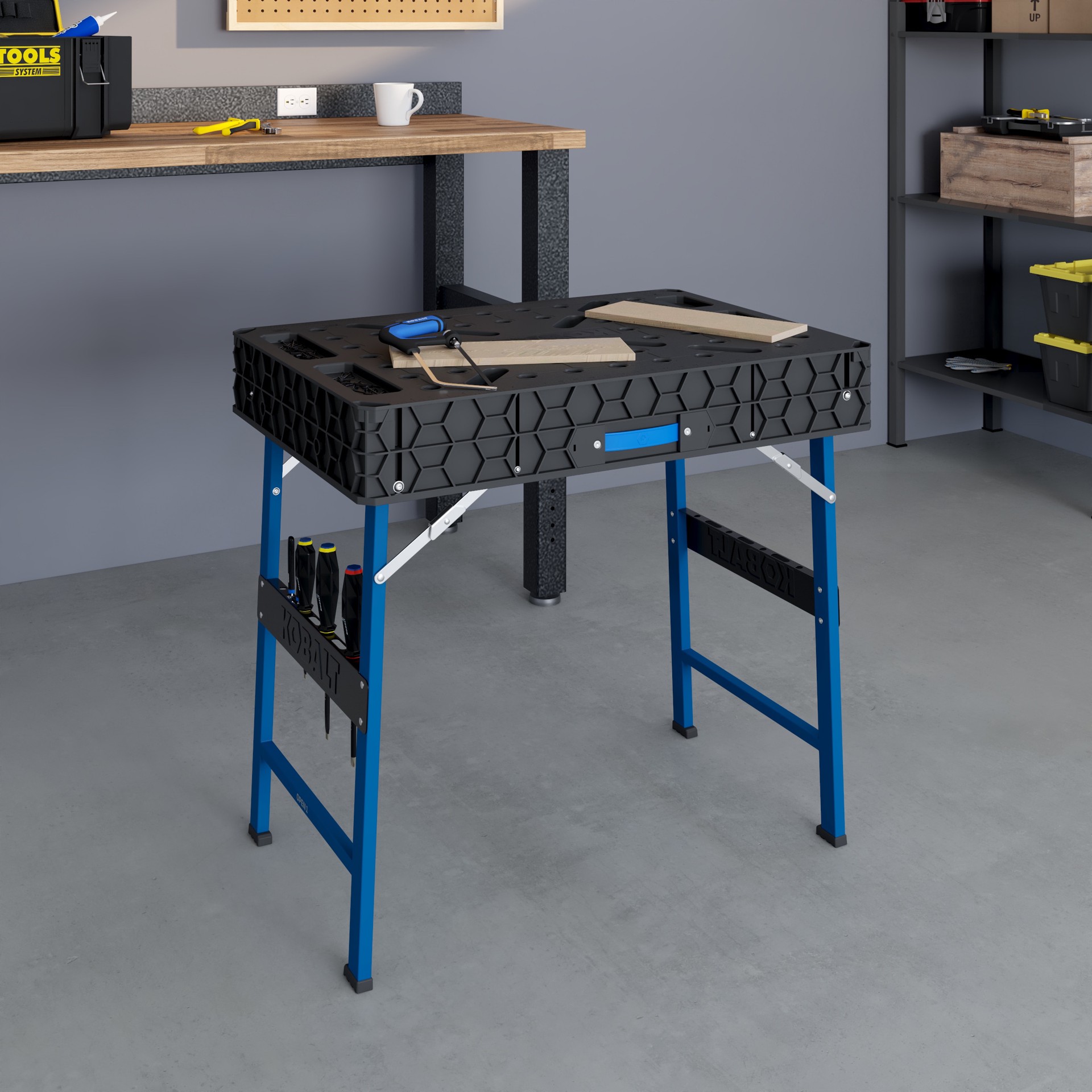 slide 4 of 6, Kobalt 34.25-in L x 32-in H Black/Blue Plastic Portable Work Bench, 1 ct
