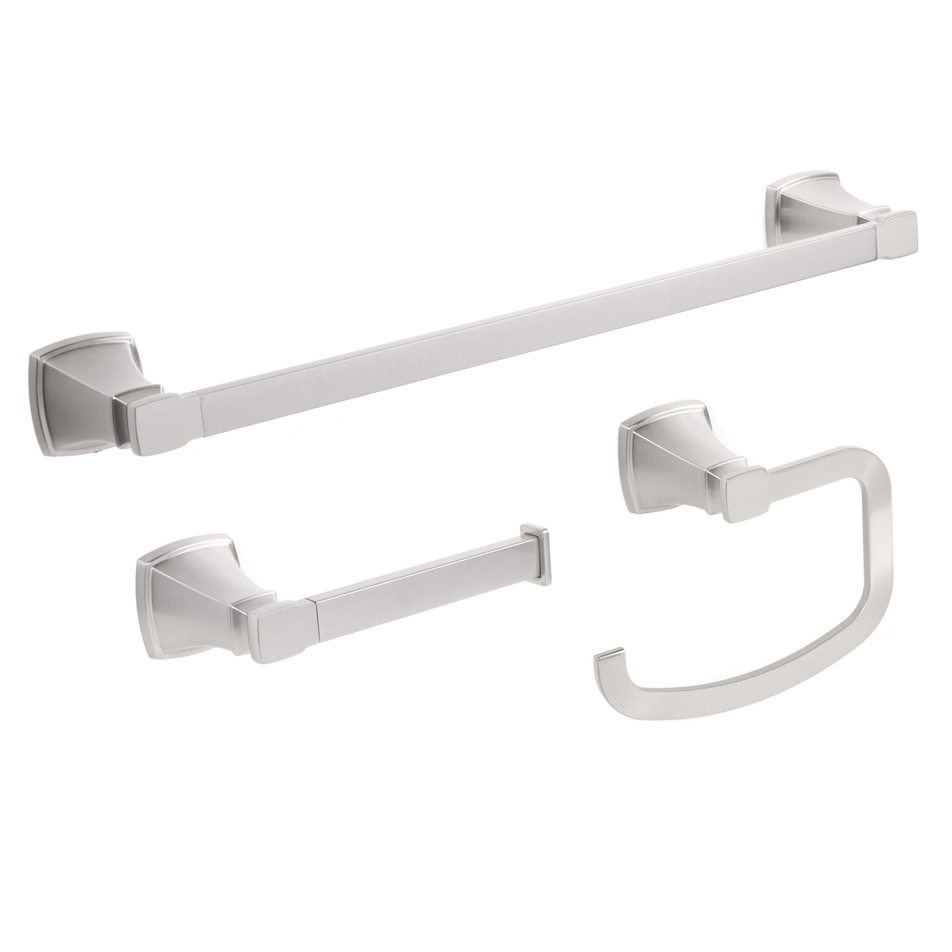 slide 1 of 6, allen + roth 3 -Piece Chesler Brushed Nickel Decorative Bathroom Hardware Set Towel Bar, Toilet Paper Holder, Towel Ring Included, 1 ct