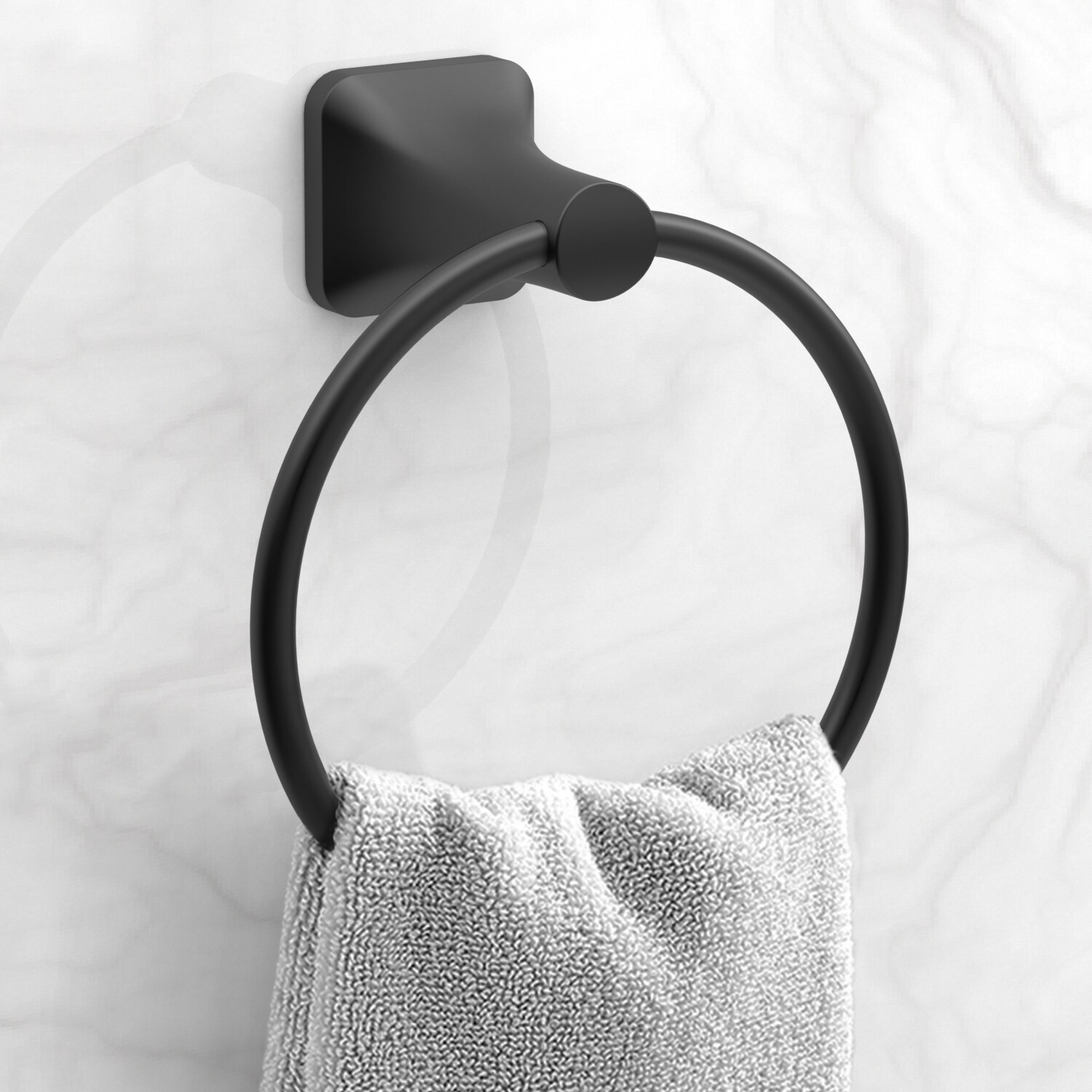 slide 2 of 6, allen + roth 3 -Piece Dunmore Matte Black Decorative Bathroom Hardware Set Towel Bar, Toilet Paper Holder, Towel Ring Included, 1 ct