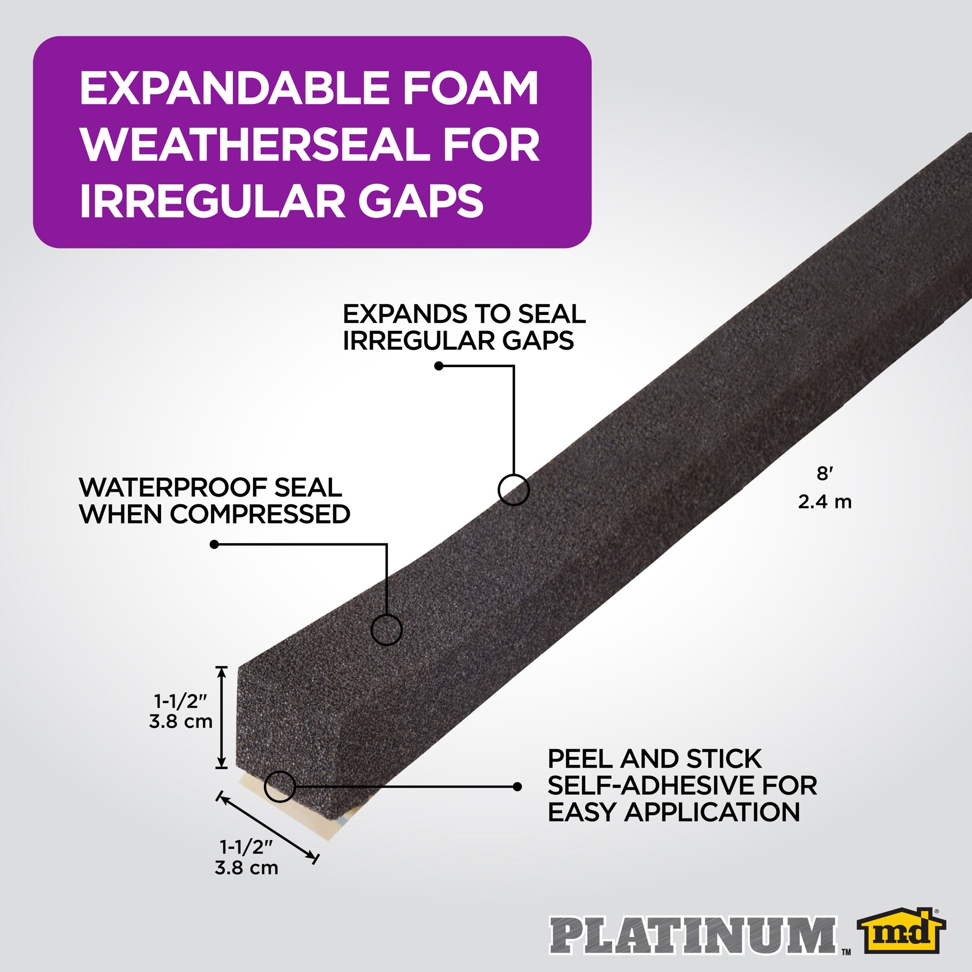 slide 2 of 6, M-D 8-ft x 1-1/2-in x 1-1/2-in Black Foam Window Weatherstrip, 1 ct