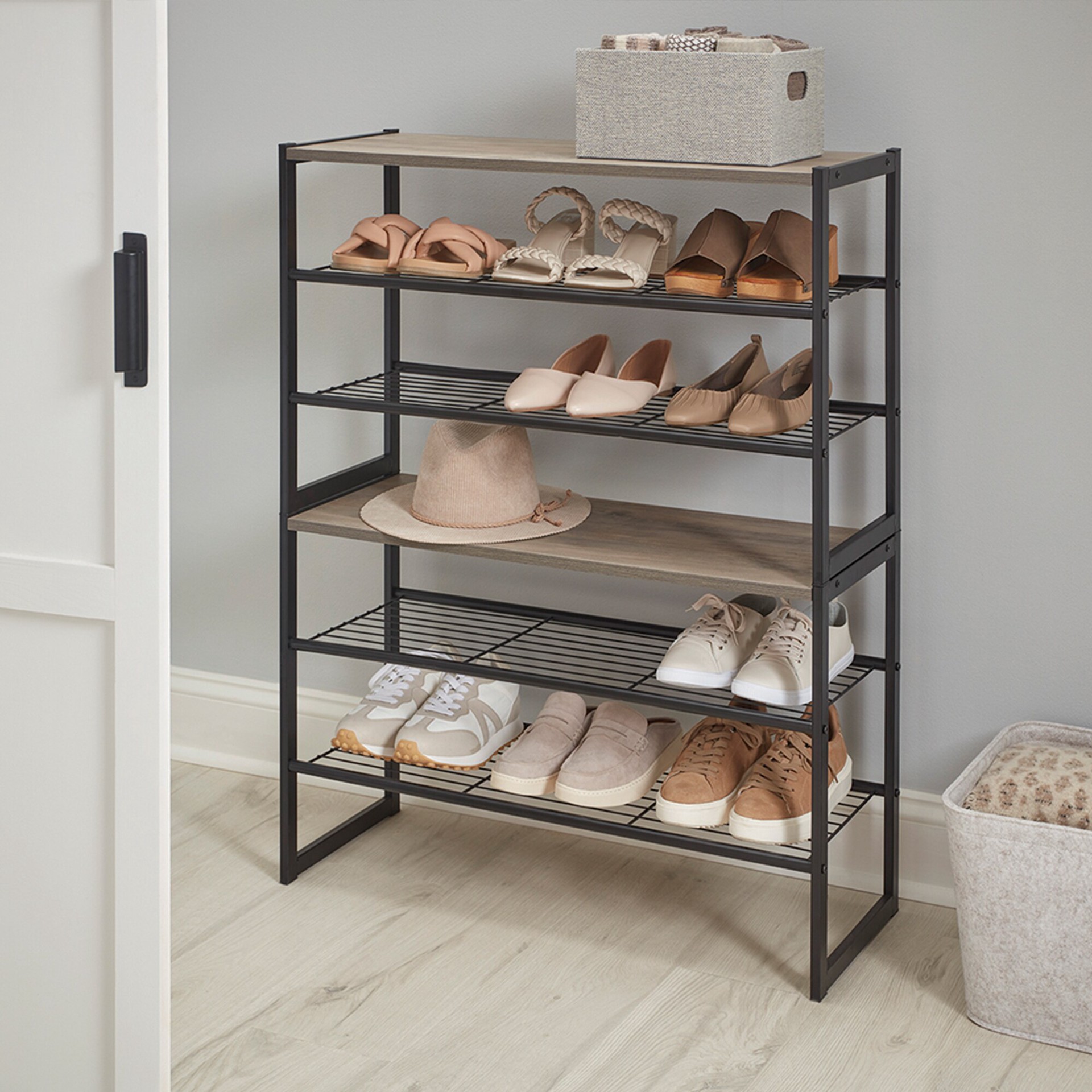 slide 4 of 6, Style Selections 19.6-in H 3 Tier 12 pair black Steel Shoe rack, 1 ct