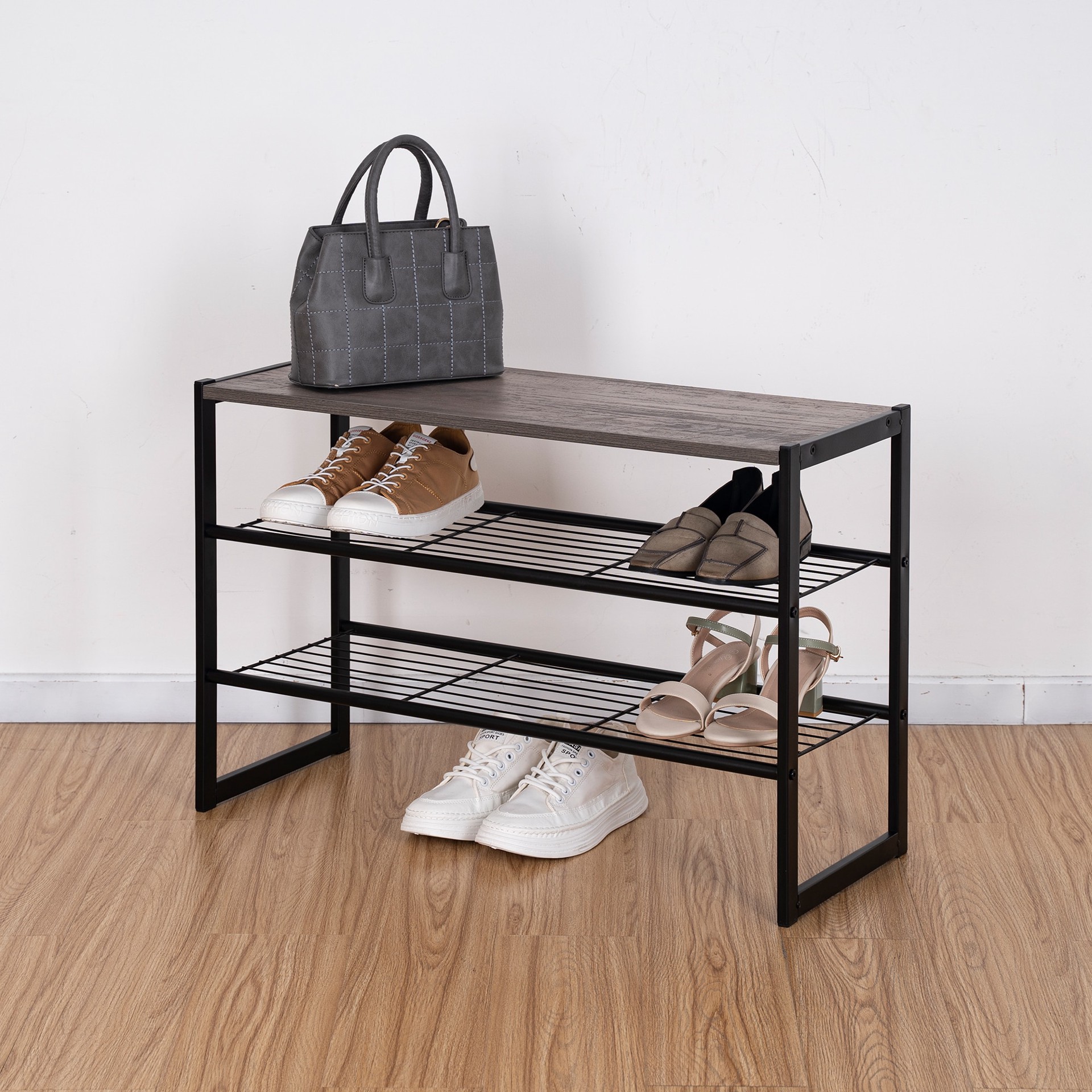 slide 5 of 6, Style Selections 19.6-in H 3 Tier 12 pair black Steel Shoe rack, 1 ct