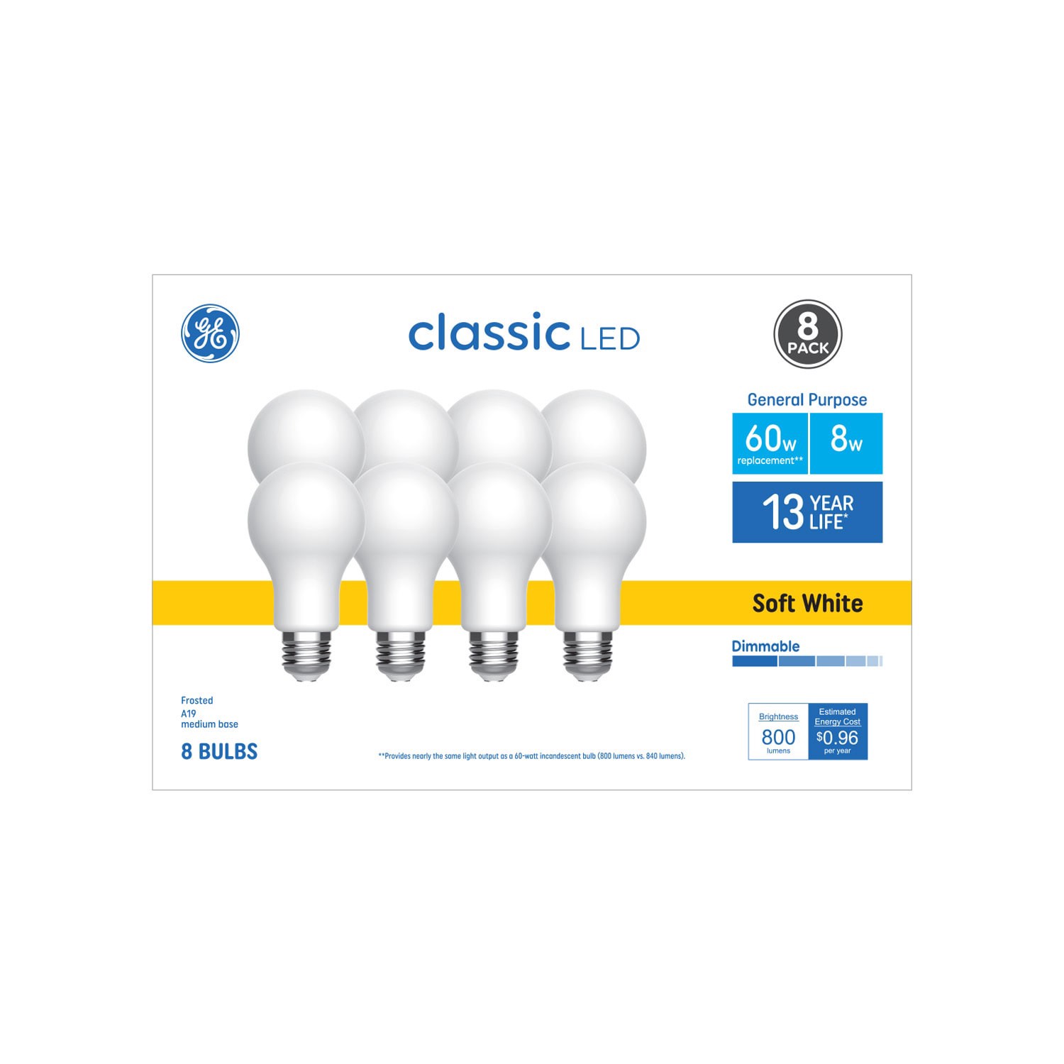 slide 1 of 5, GE Classic 60 -Watt EQ A19 Soft white Medium base (E-26) Dimmable LED General purpose Light Bulb 8 -Pack, 1 ct