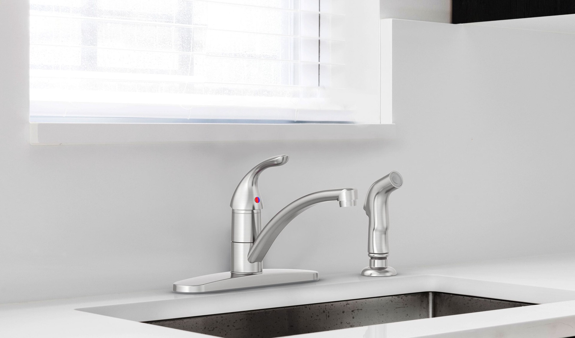 slide 5 of 6, Project Source EVERFIELD Stainless Steel PVD Single Handle Deck-mount Kitchen Faucet (Includes Deck Plate) (Includes Side Sprayer), 1 ct