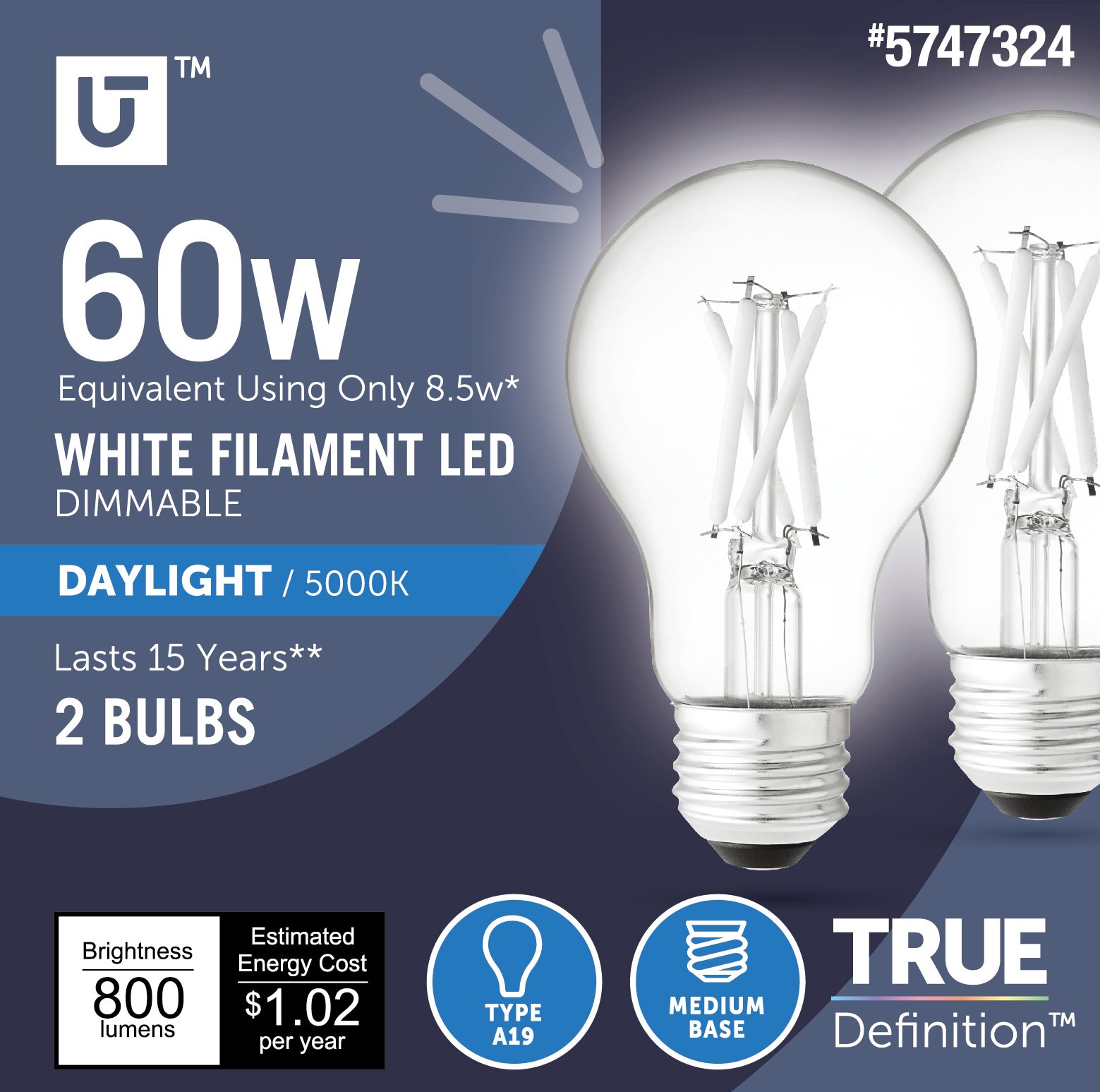 slide 1 of 6, Utilitech 60 -Watt EQ A19 Daylight Medium base (E-26) Dimmable LED General purpose Light Bulb 2 -Pack, 1 ct