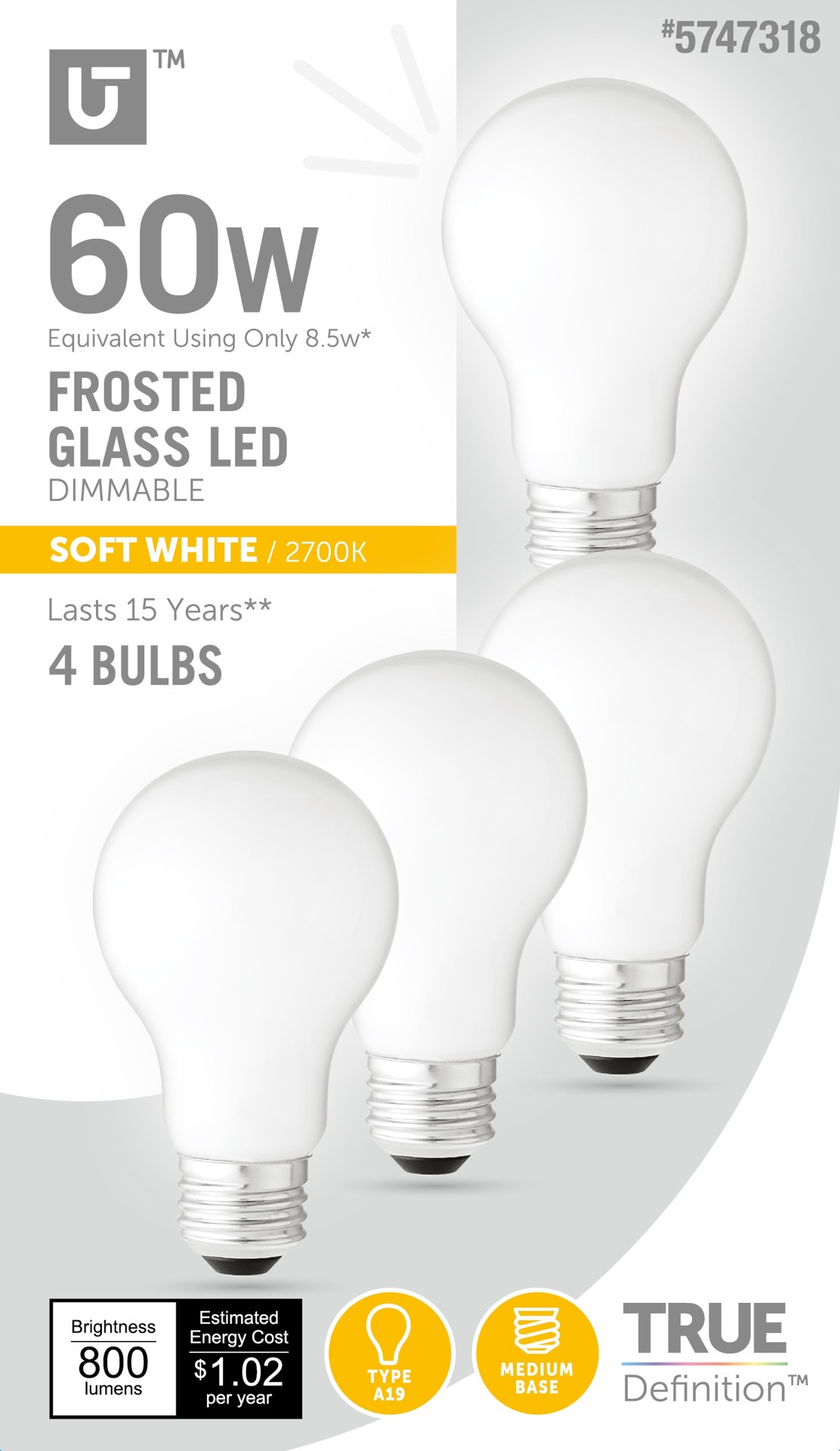 slide 1 of 6, Utilitech 60 -Watt EQ A19 Soft white E26 Dimmable LED General purpose Light Bulb 4 -Pack, 1 ct