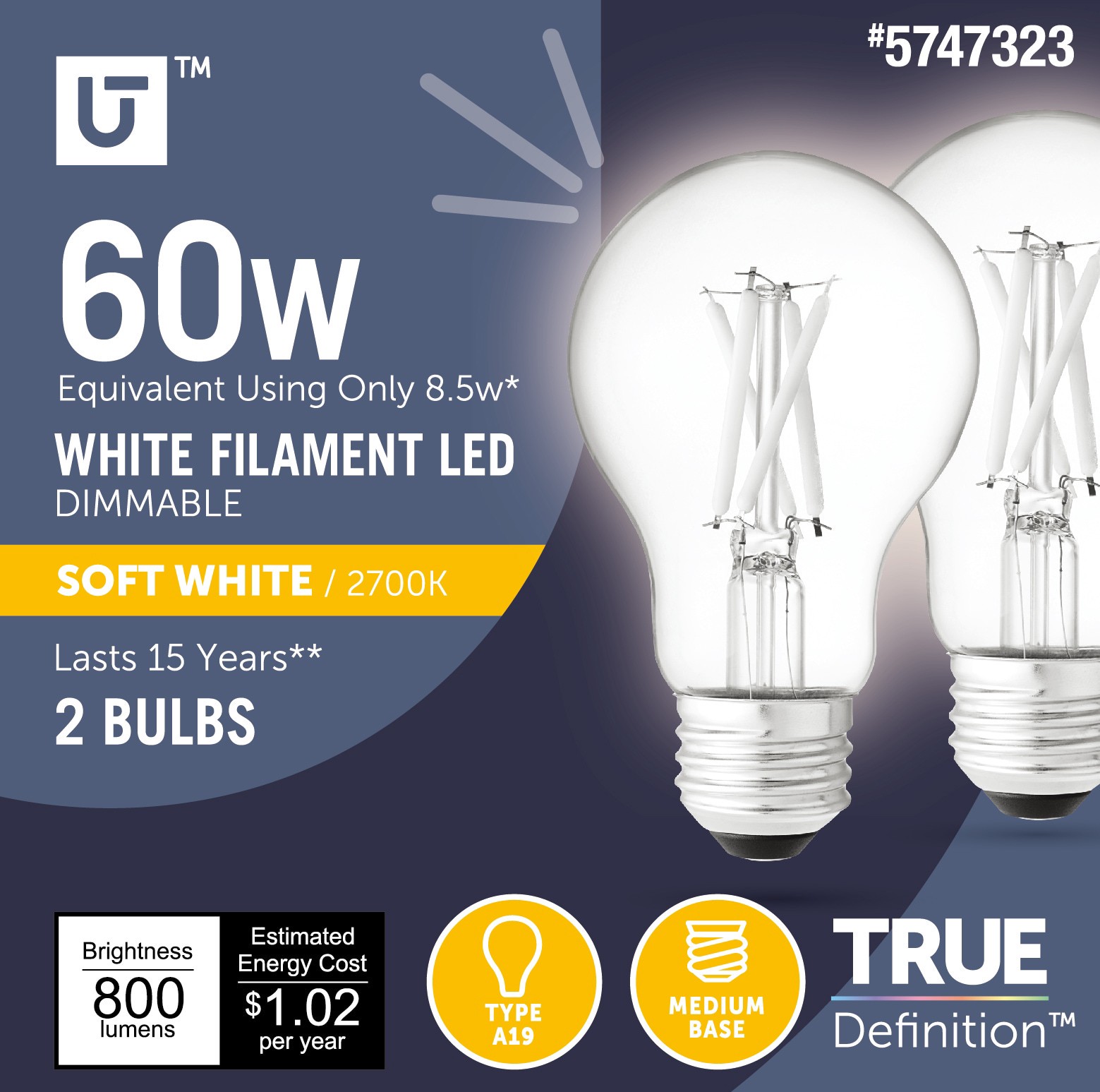 slide 1 of 6, Utilitech 60 -Watt EQ A19 Soft white Medium base (E-26) Dimmable LED General purpose Light Bulb 2 -Pack, 1 ct