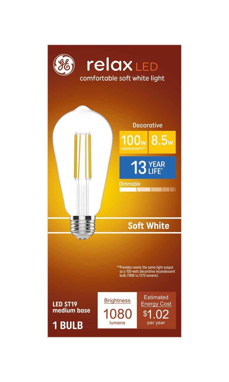 slide 3 of 6, GE Relax HD 100 -Watt EQ ST19 Soft white Medium base (E-26) Dimmable LED Decorative Light Bulb, 1 ct