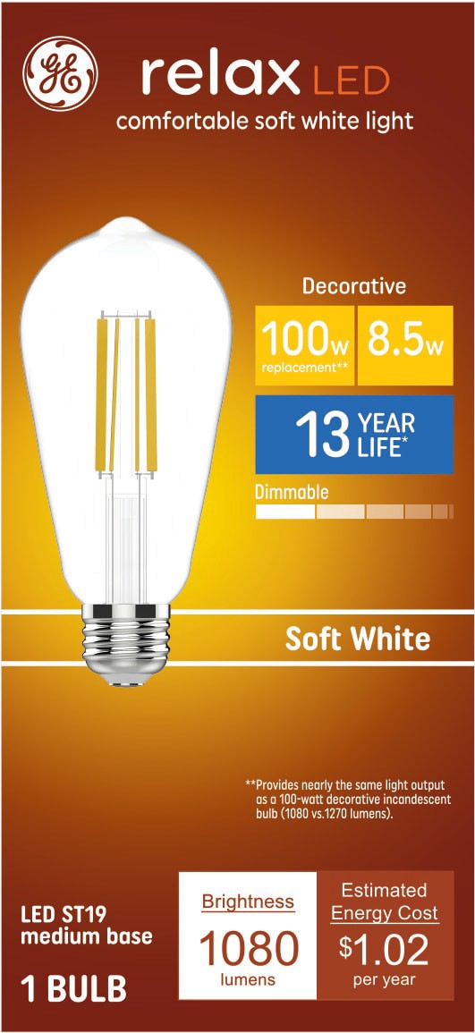 slide 1 of 6, GE Relax HD 100 -Watt EQ ST19 Soft white Medium base (E-26) Dimmable LED Decorative Light Bulb, 1 ct