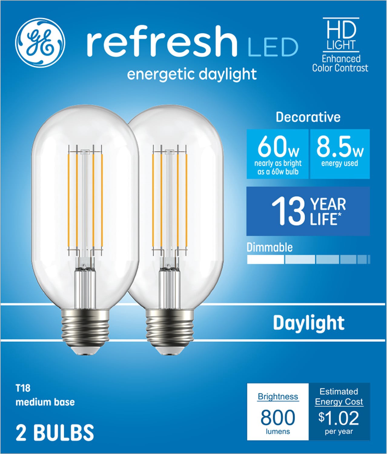 slide 1 of 6, GE Refresh HD 60 -Watt EQ T18 Daylight Medium base (E-26) Dimmable LED Decorative Light Bulb 2 -Pack, 1 ct