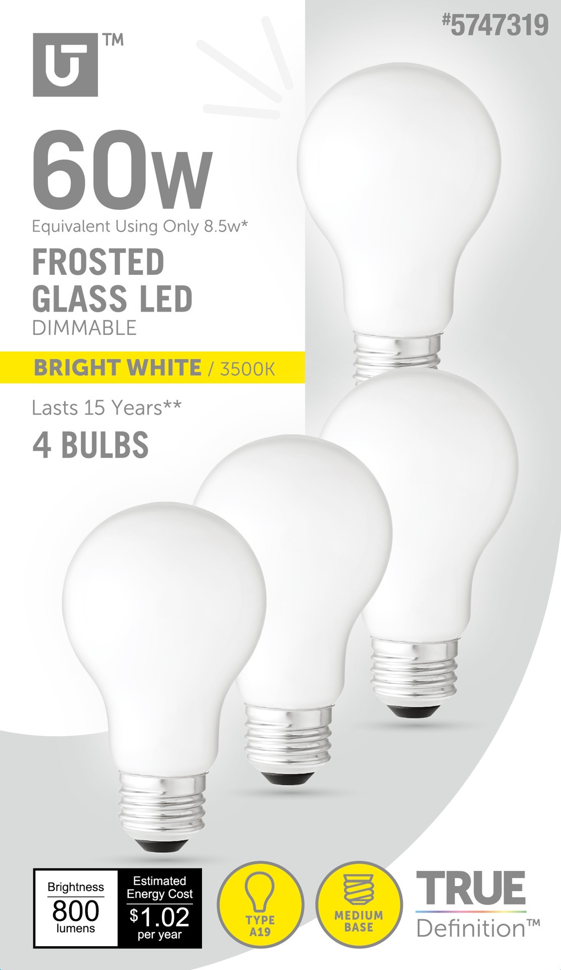 slide 1 of 6, Utilitech 60 -Watt EQ A19 Neutral white Medium base (E-26) Dimmable LED General purpose Light Bulb 4 -Pack, 1 ct