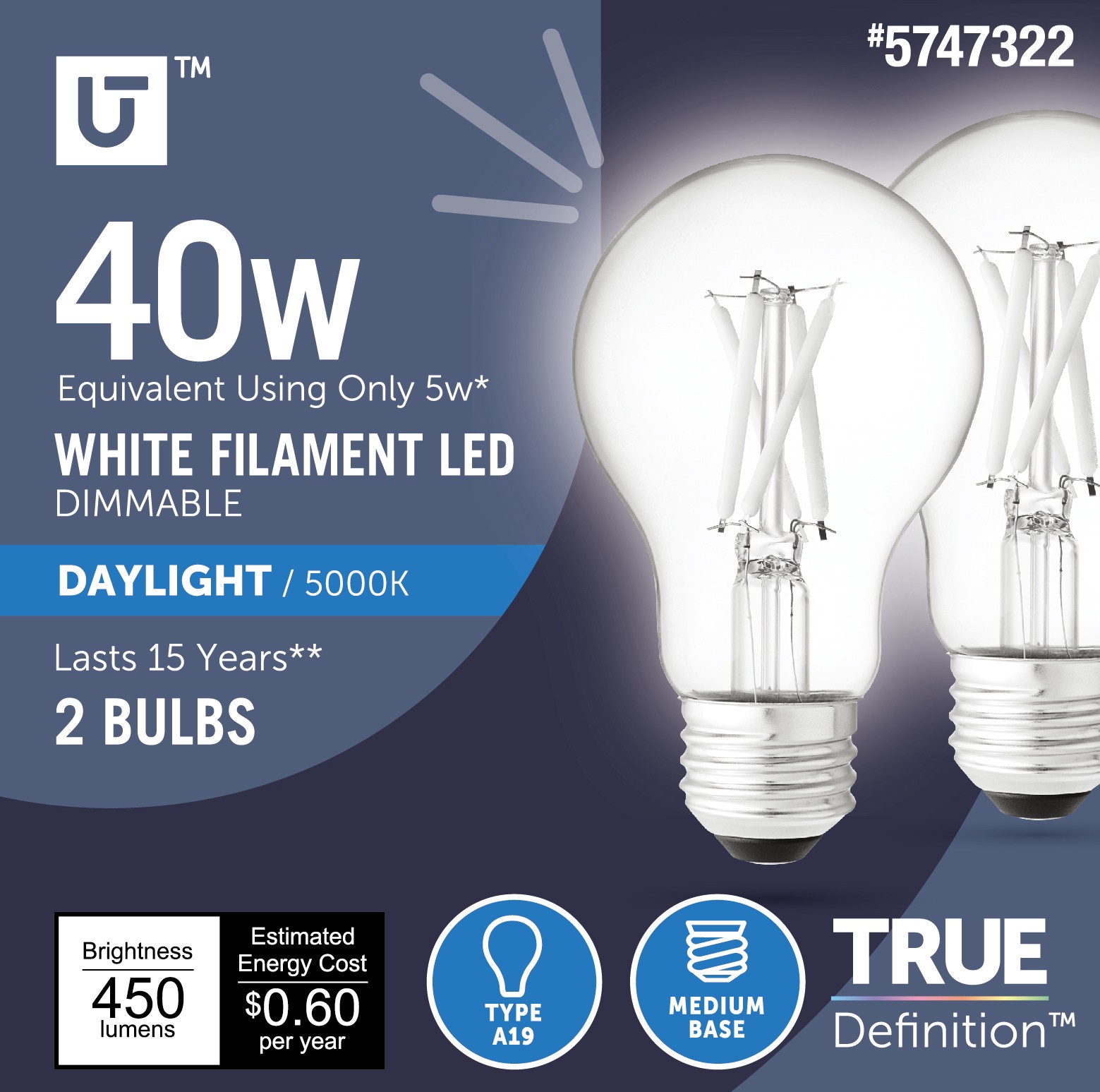 slide 1 of 6, Utilitech 40 -Watt EQ A19 Daylight Medium base (E-26) Dimmable LED General purpose Light Bulb 2 -Pack, 1 ct
