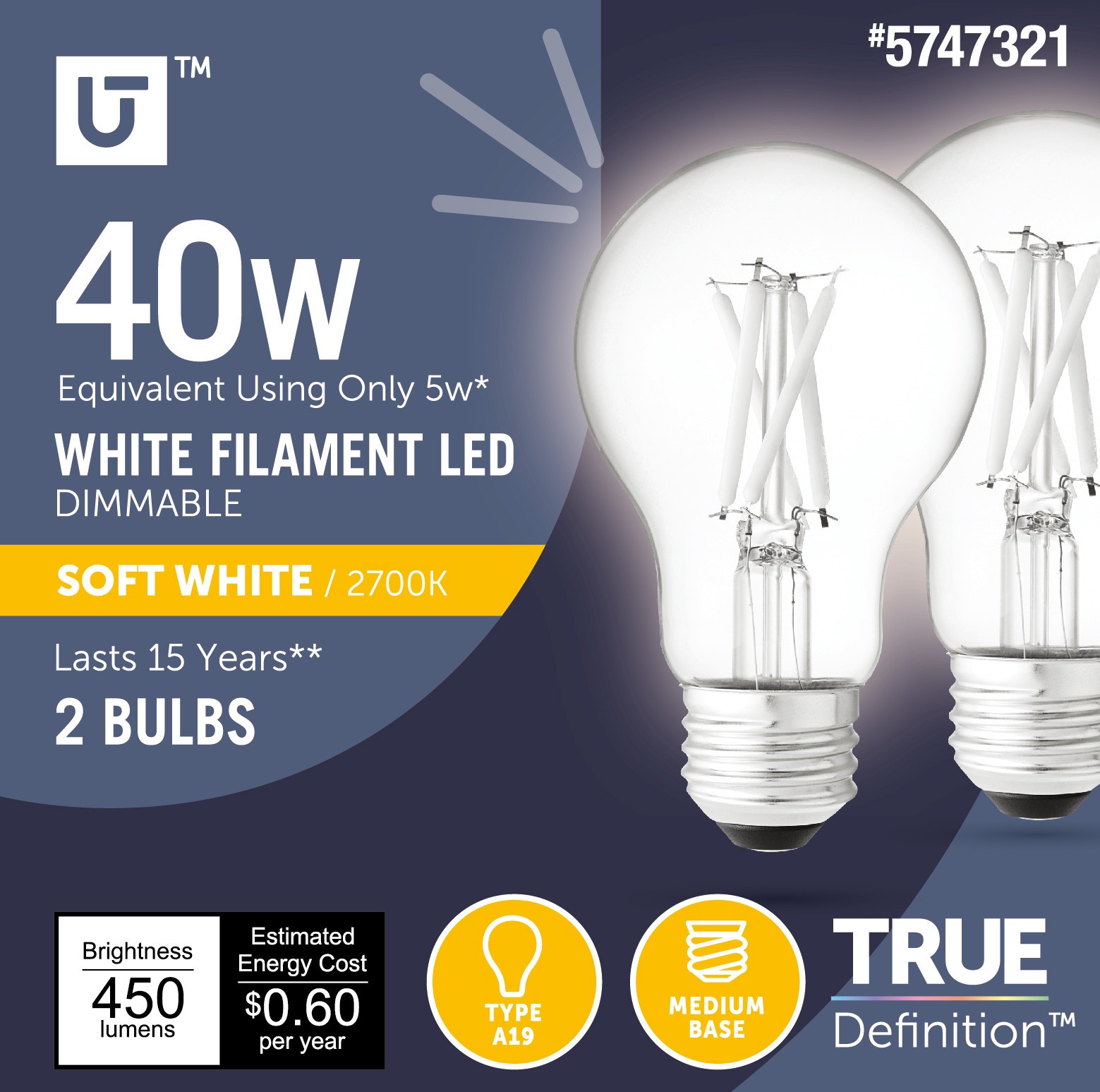 slide 1 of 6, Utilitech 40 -Watt EQ A19 Soft white Medium base (E-26) Dimmable LED General purpose Light Bulb 2 -Pack, 1 ct