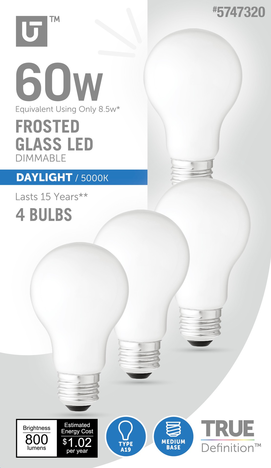 slide 1 of 6, Utilitech 60 -Watt EQ A19 Daylight Medium base (E-26) Dimmable LED General purpose Light Bulb 4 -Pack, 1 ct