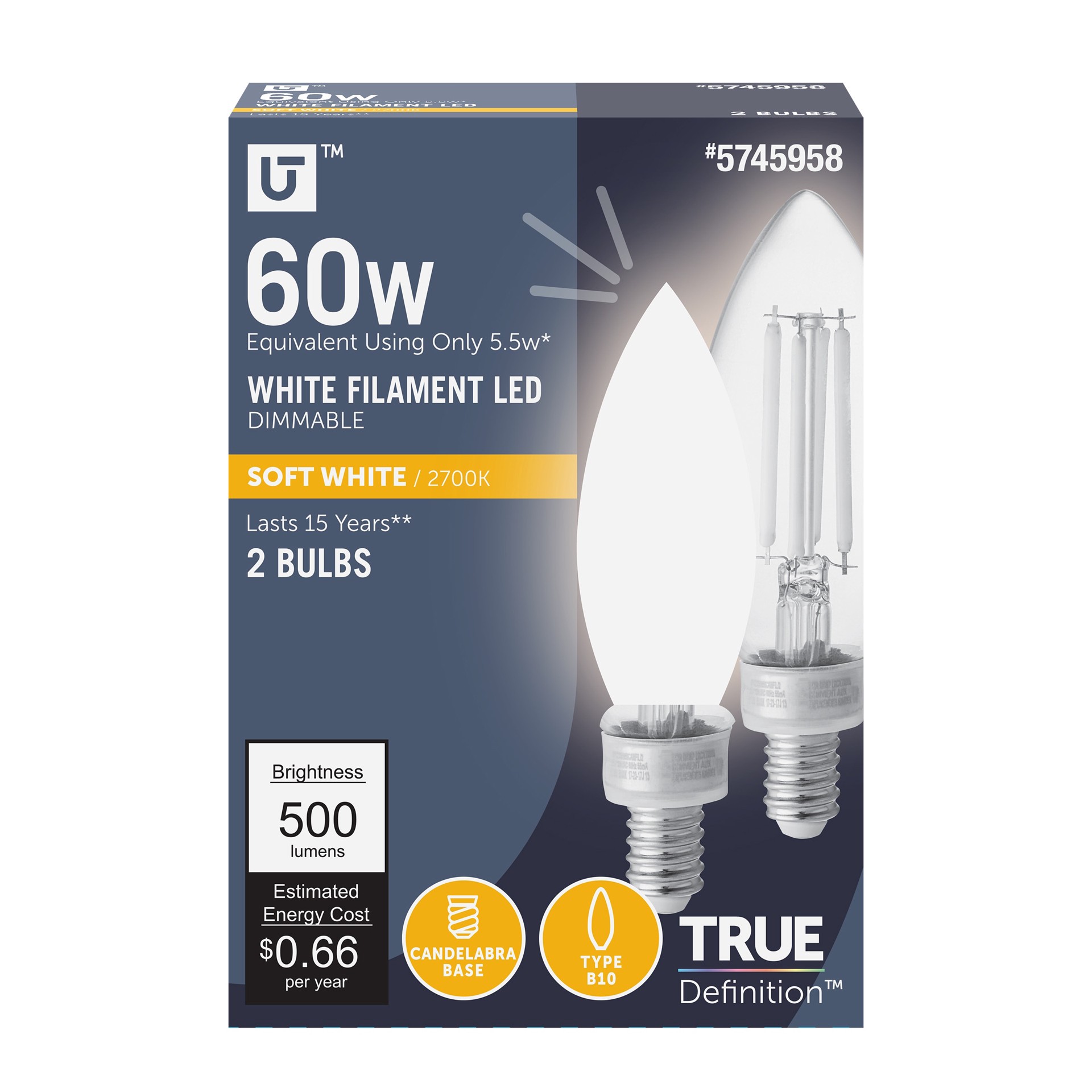 slide 1 of 6, Utilitech White Filament 60 -Watt EQ B11 Soft white Candelabra base (E-12) Dimmable LED General purpose Light Bulb 2 -Pack, 1 ct