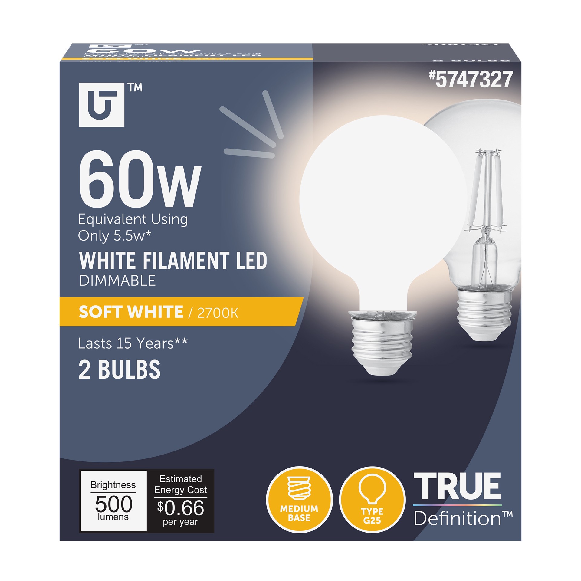 slide 1 of 6, Utilitech White Filament 60 -Watt EQ G25 Soft white E26 Dimmable LED General purpose Light Bulb 2 -Pack, 1 ct